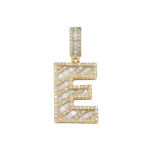 10K GOLD BAGUETTE AND ROUND DIAMOND INITIAL E PENDANT 1.50 CT