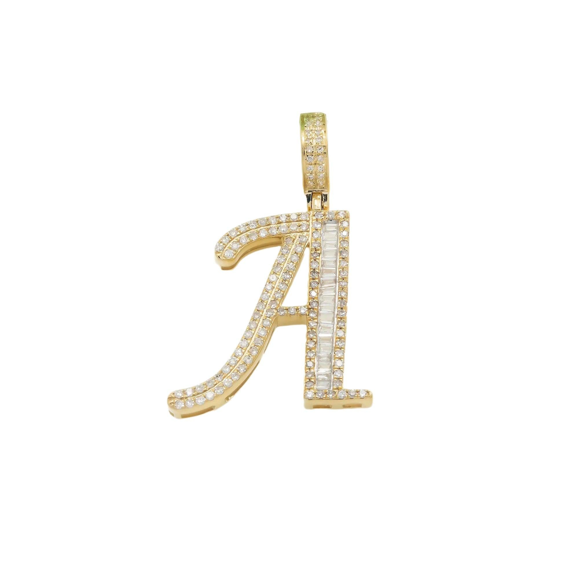 10K GOLD BAGUETTE AND ROUND DIAMOND INITIAL A PENDANT 0.50 CT