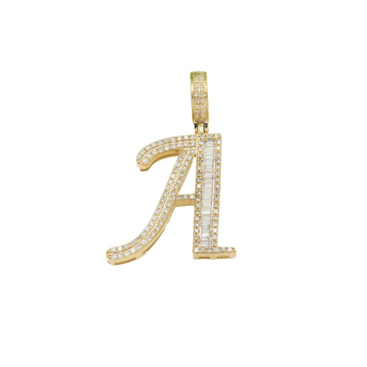 10K GOLD BAGUETTE AND ROUND DIAMOND INITIAL A PENDANT 0.50 CT