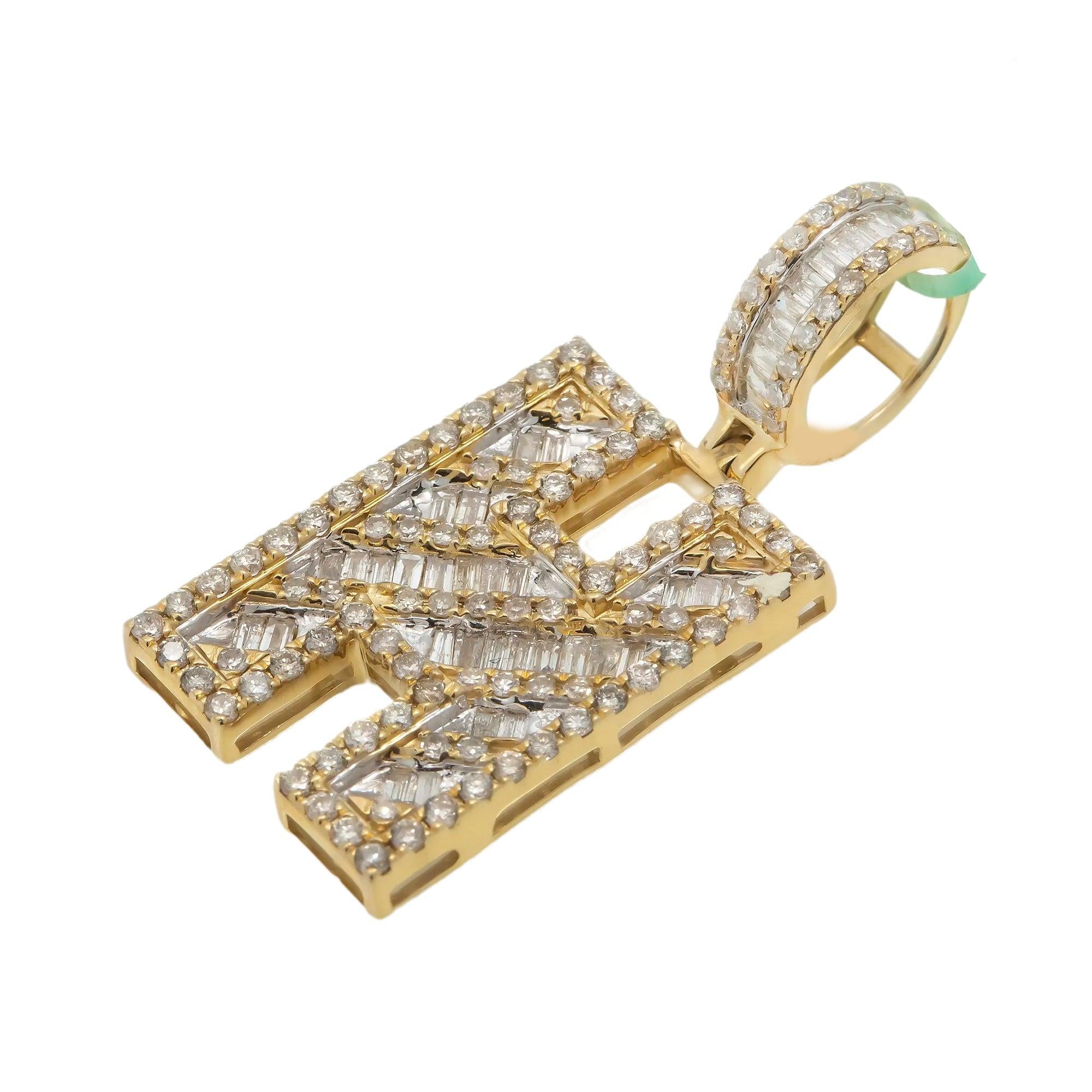 10K GOLD BAGUETTE AND ROUND DIAMOND INITIAL H PENDANT 1.65 CT