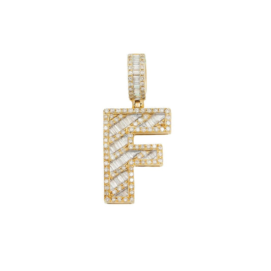 10K GOLD BAGUETTE AND ROUND DIAMOND INITIAL F PENDANT 1.25 CT