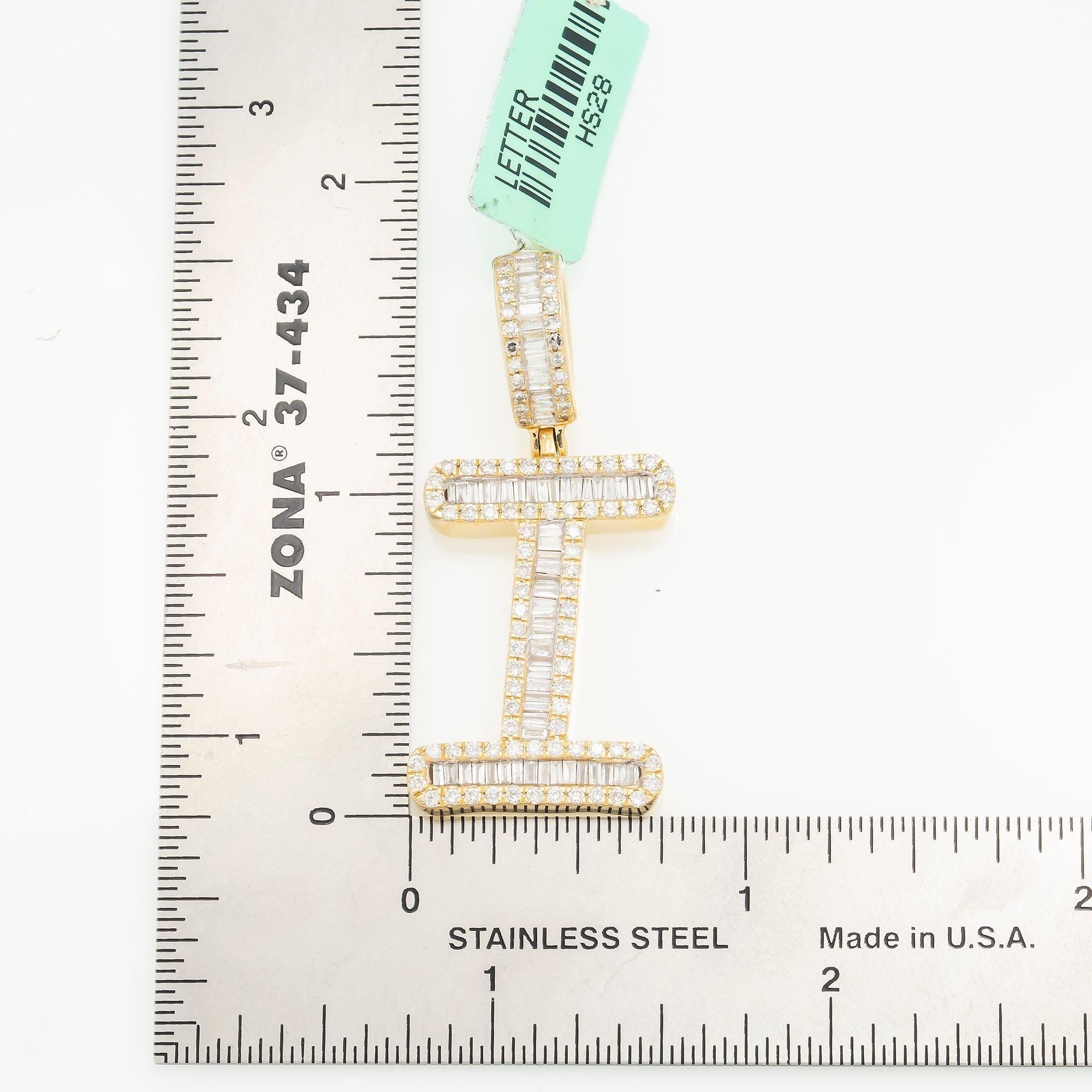 14K GOLD BAGUETTE AND ROUND DIAMOND INITIAL I PENDANT 1.60 CT