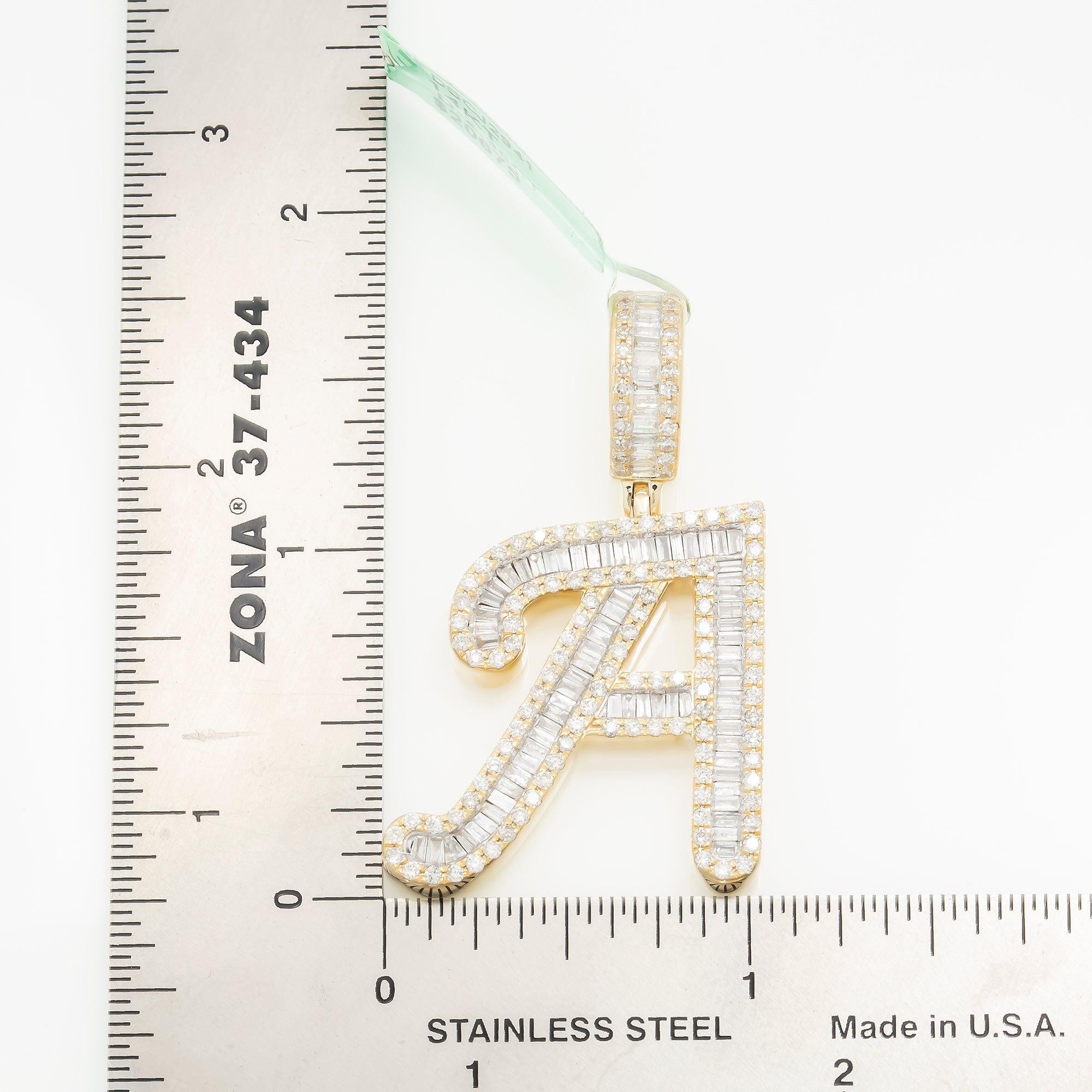 14K GOLD BAGUETTE AND ROUND DIAMOND INITIAL A PENDANT 2.35 CT