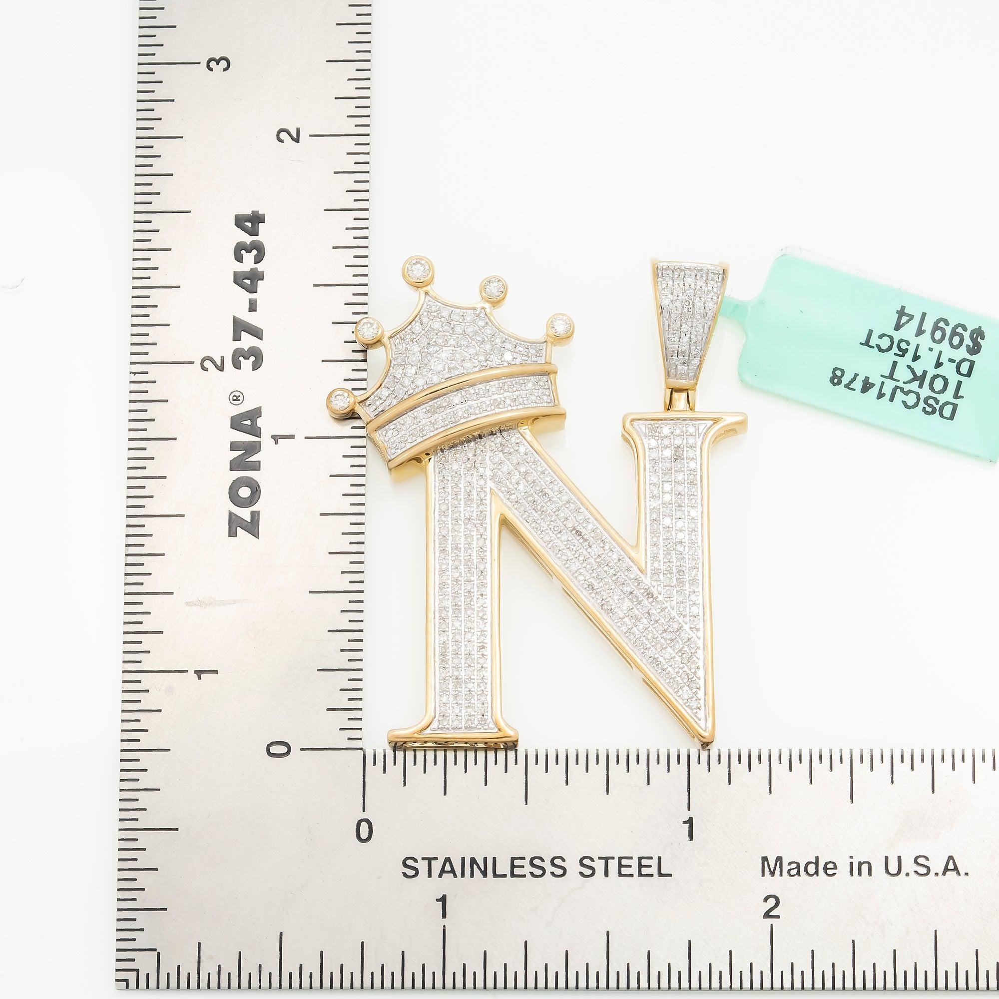 10K GOLD ROUND DIAMOND INITIAL N WITH CROWN PENDANT 1.15 CT