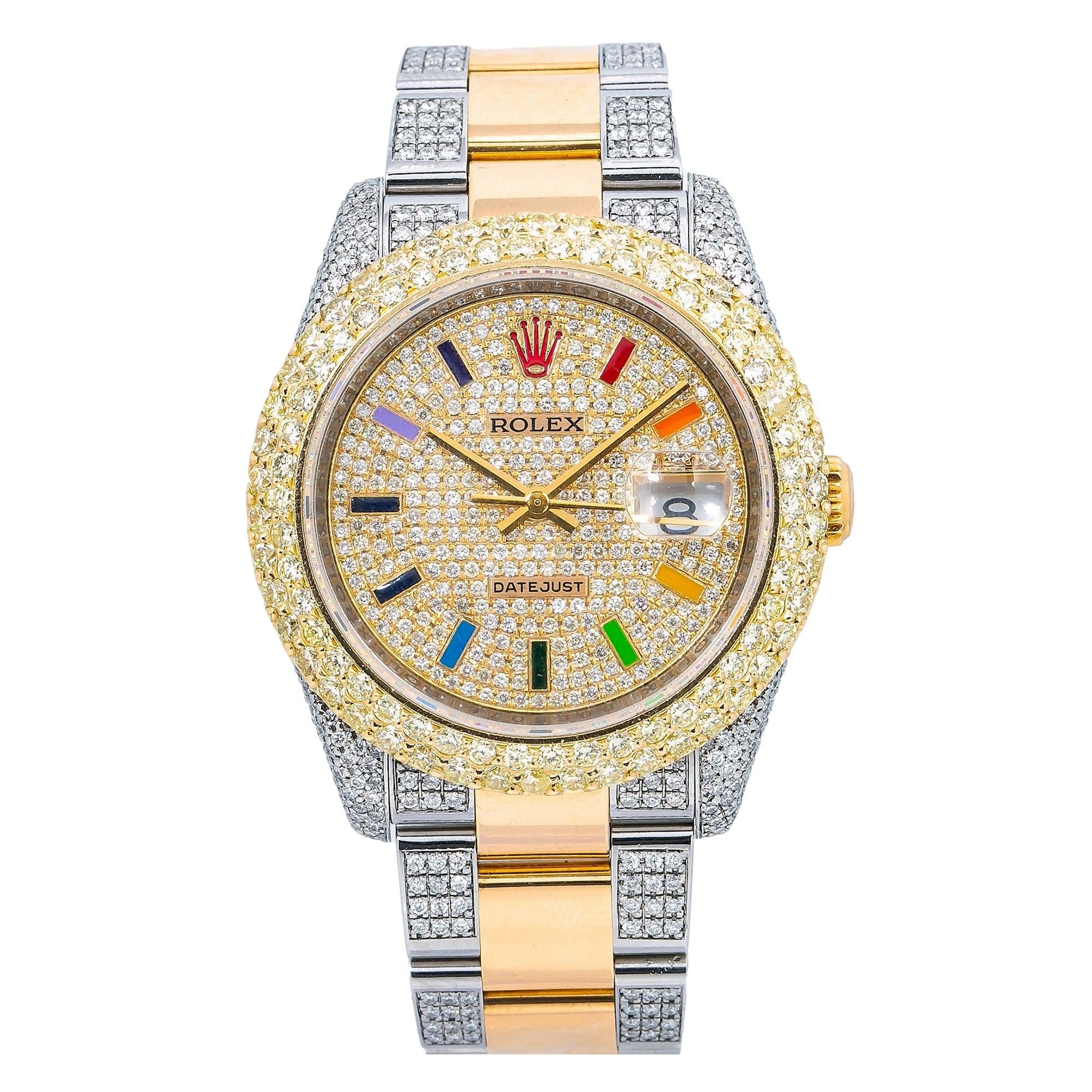 Rolex Datejust 36MM 116203 Diamond Paved Rainbow Hour Dial Diamond Bezel Two Tone Semi Diamond Oyster Bracelet