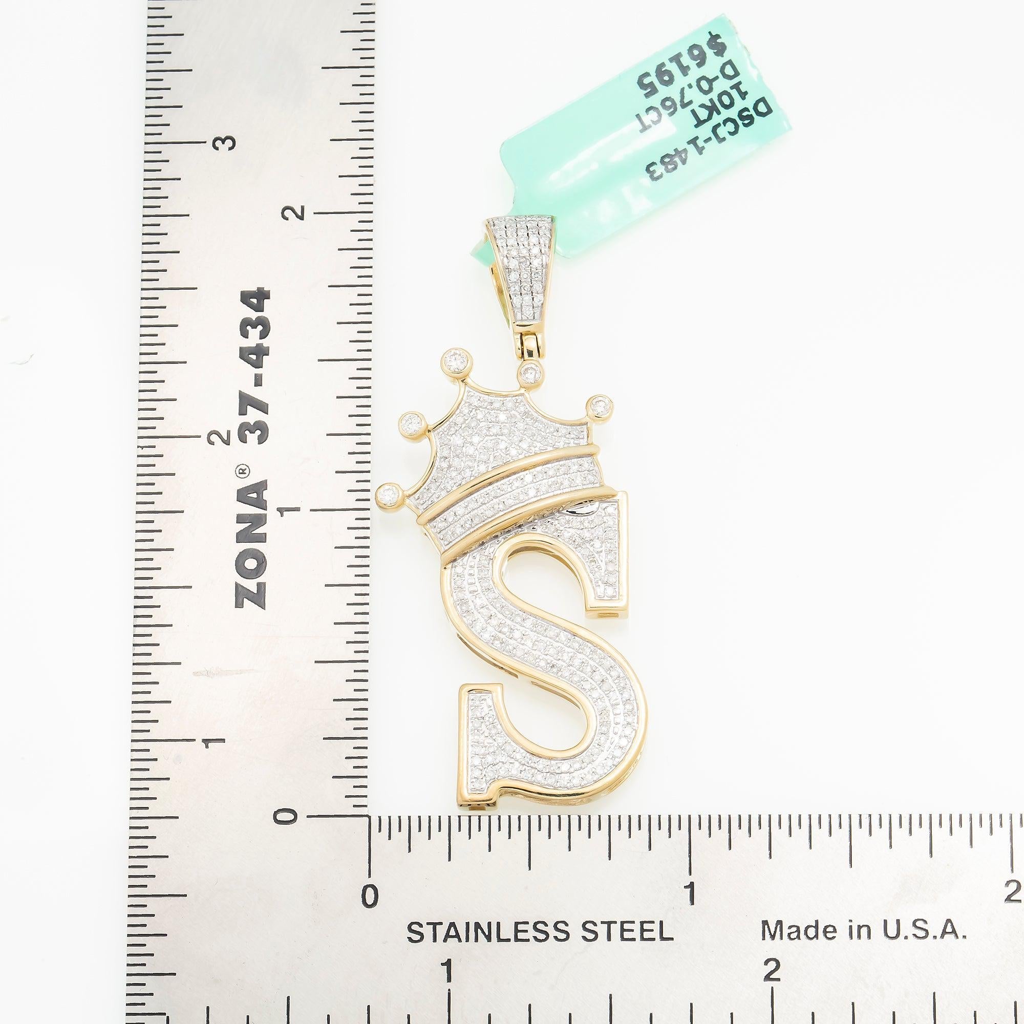 10K GOLD ROUND DIAMOND INITIAL S WITH CROWN PENDANT 0.76 CT