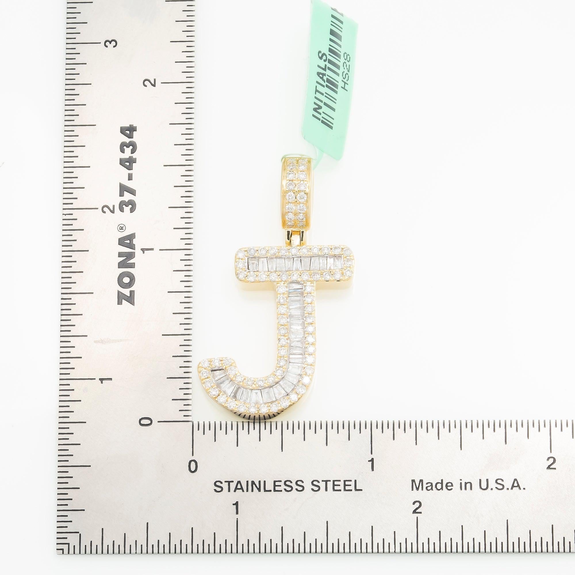 14K GOLD BAGUETTE AND ROUND DIAMOND INITIAL J PENDANT 1.60 CT