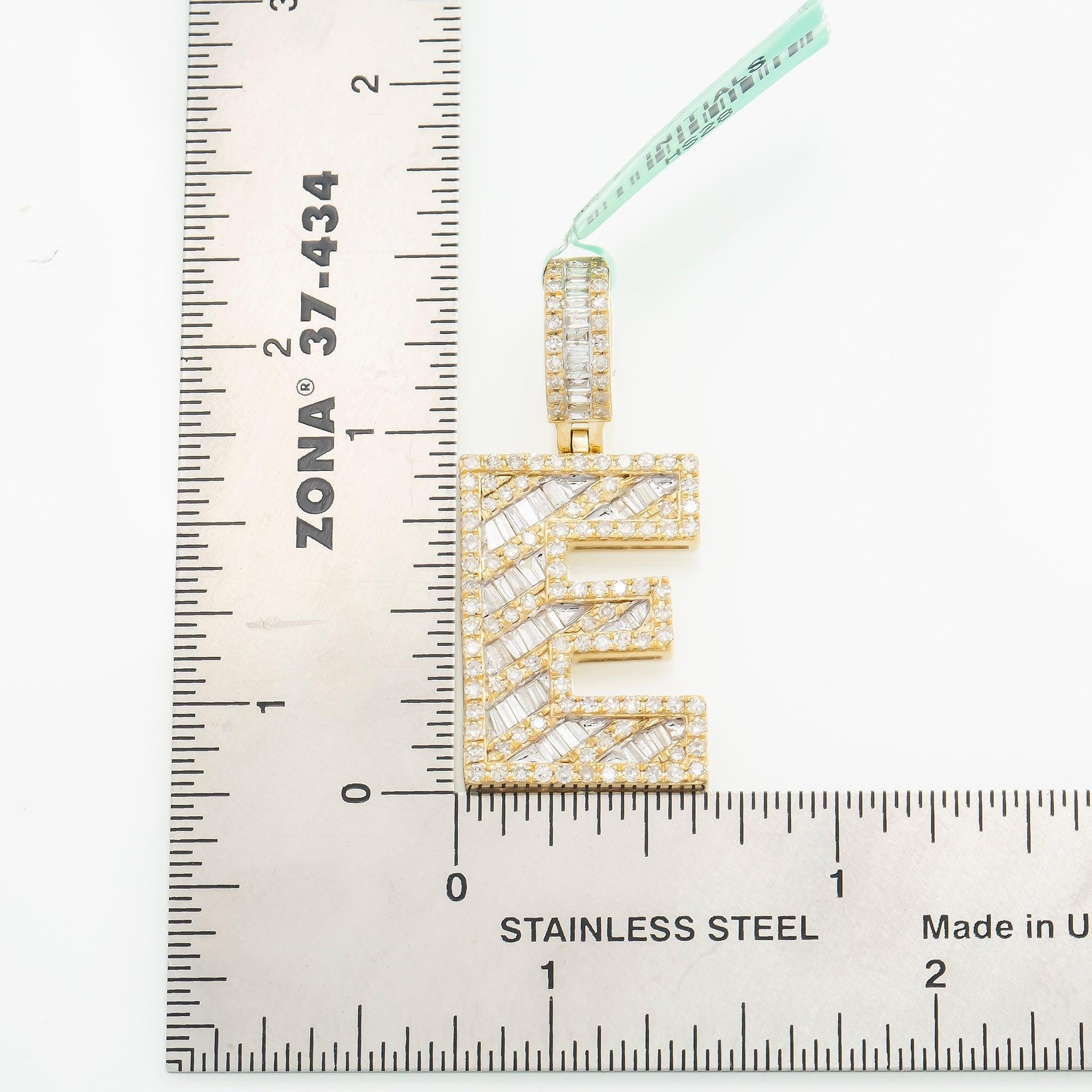 10K GOLD BAGUETTE AND ROUND DIAMOND INITIAL E PENDANT 1.50 CT