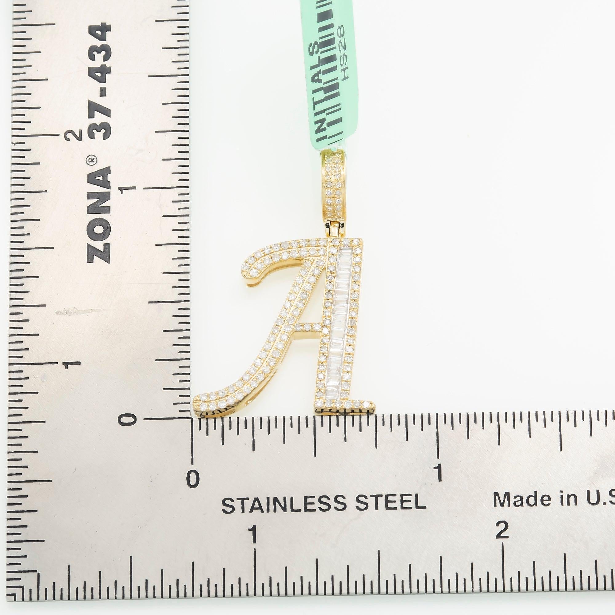 10K GOLD BAGUETTE AND ROUND DIAMOND INITIAL A PENDANT 0.50 CT