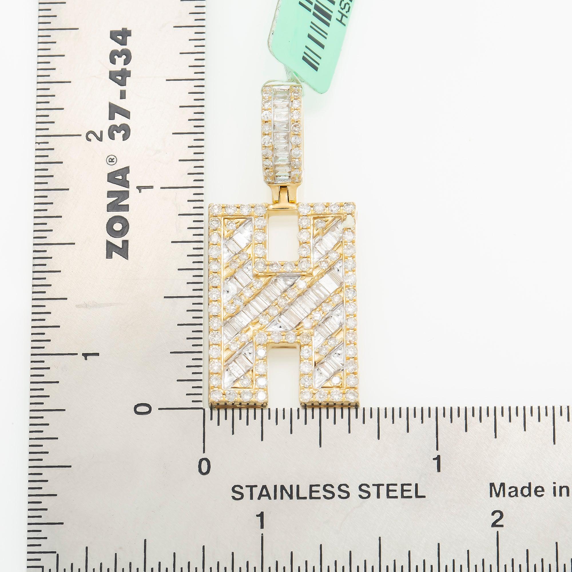 10K GOLD BAGUETTE AND ROUND DIAMOND INITIAL H PENDANT 1.65 CT
