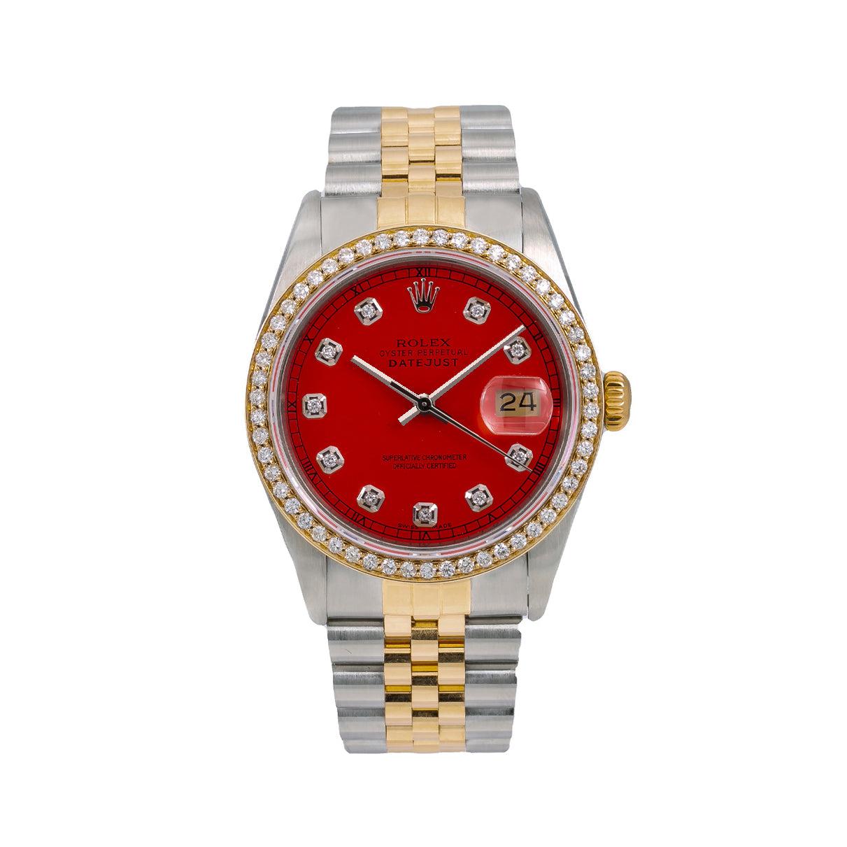 Rolex Datejust Diamond Watch, 16013 36mm, Red Diamond Dial With 1.20 CT Diamonds