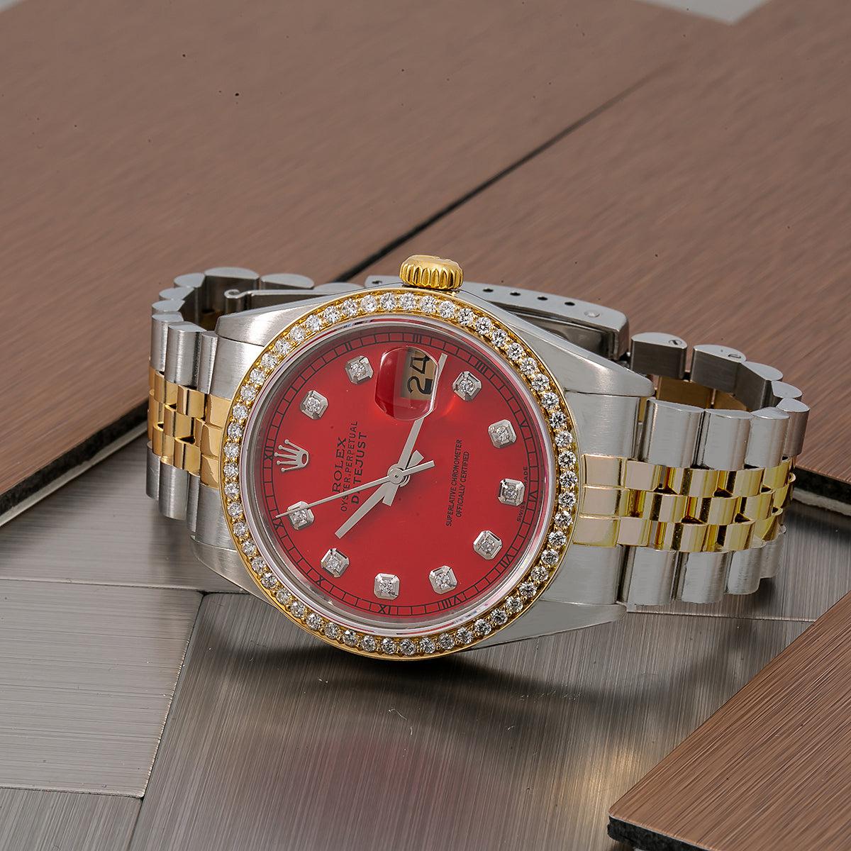 Rolex Datejust Diamond Watch, 16013 36mm, Red Diamond Dial With 1.20 CT Diamonds