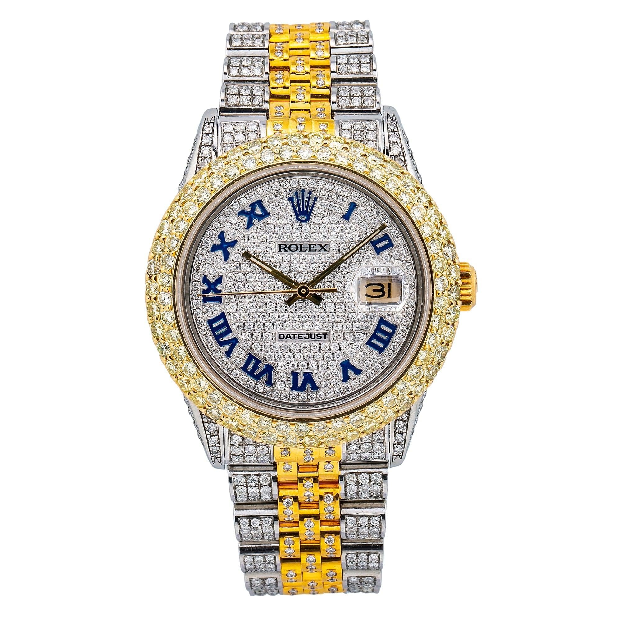 Rolex Datejust 36MM 16013 Diamond Paved Blue Roman Dial Diamond Bezel Two Tone Full Diamond Jubilee Bracelet 9.35ct