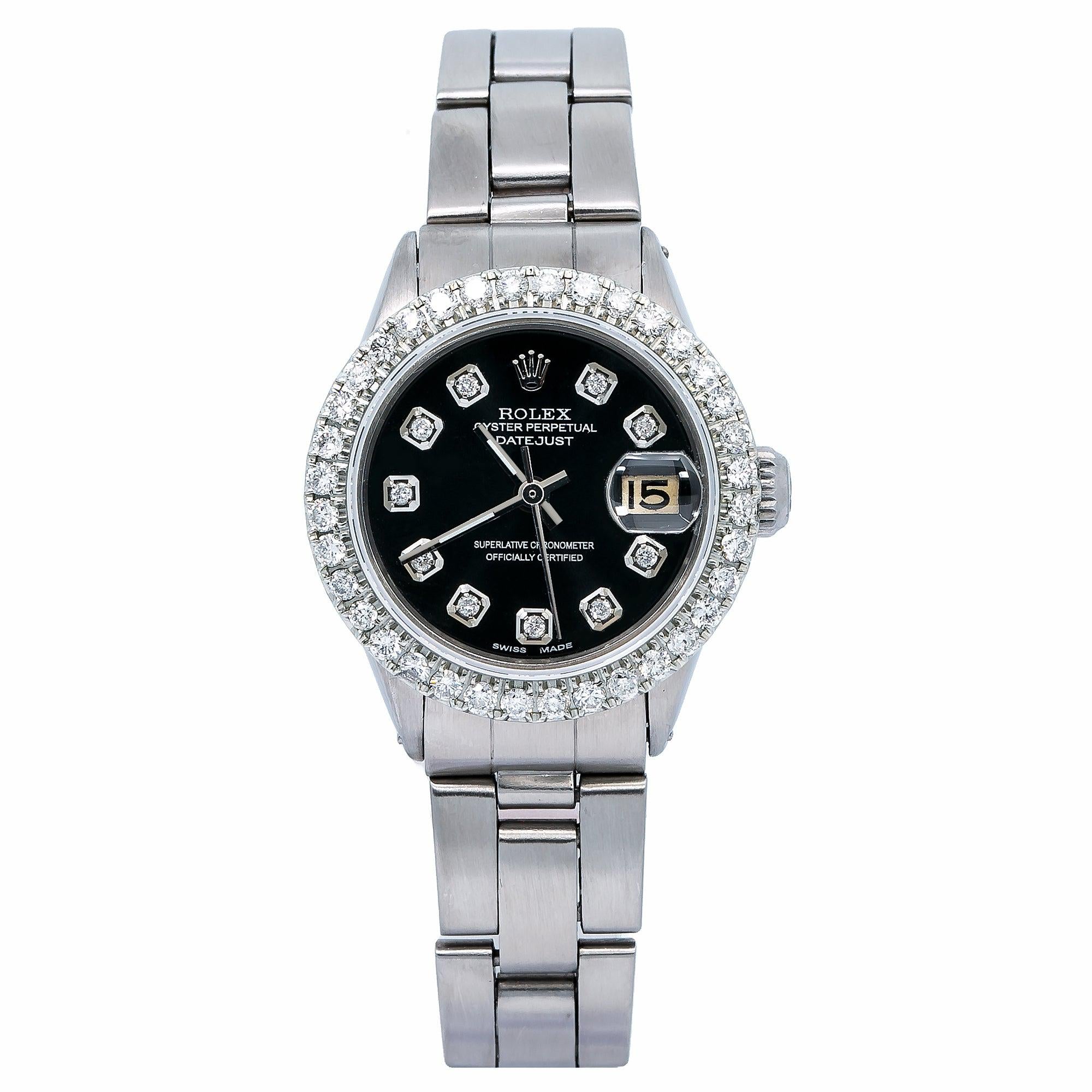 Rolex Oyster Perpetual Lady Datejust 6516 26MM Black Diamond Dial With Stainless Steel Bracelet