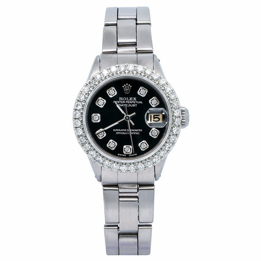 Rolex Oyster Perpetual Lady Datejust 6516 26MM Black Diamond Dial With Stainless Steel Bracelet