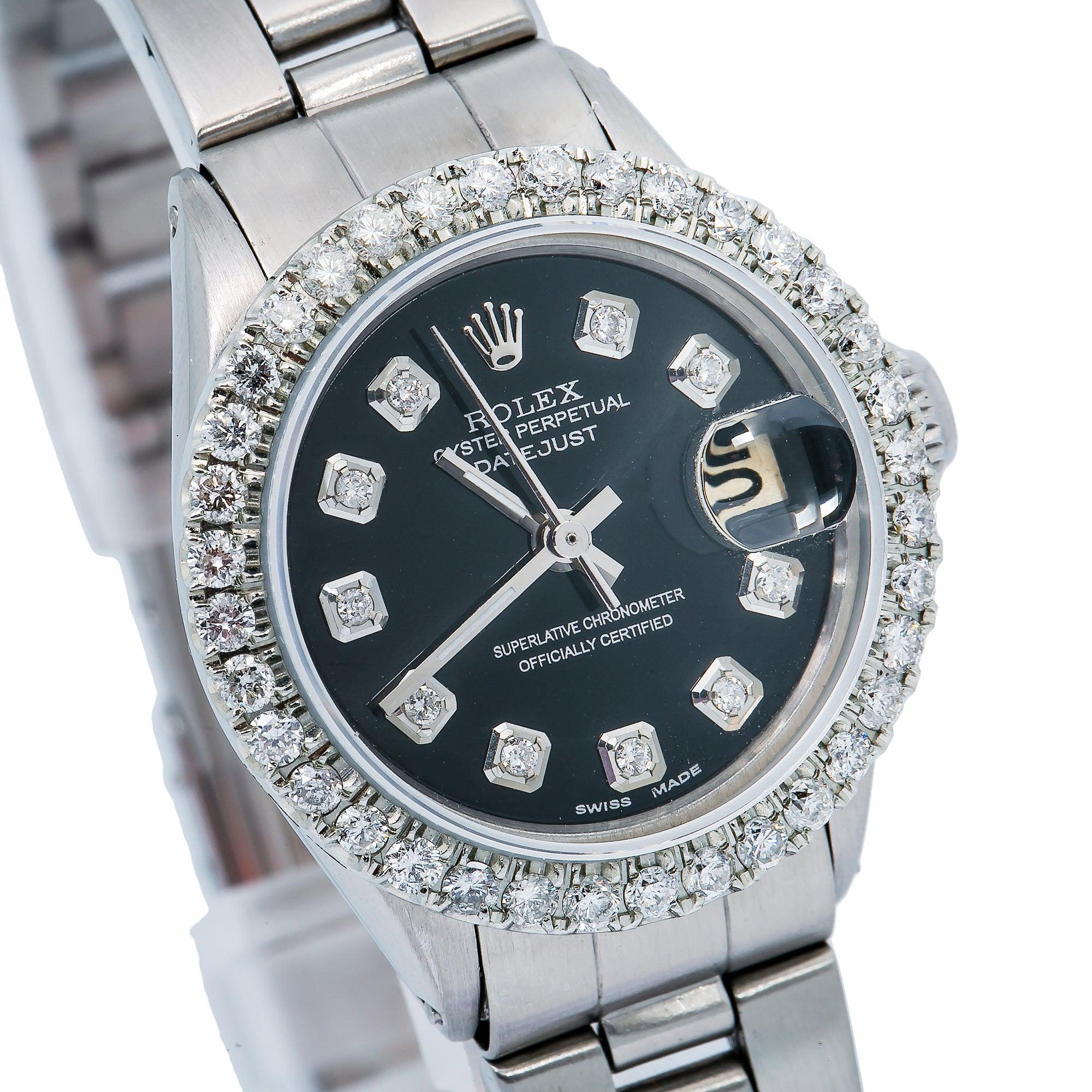 Rolex Oyster Perpetual Lady Datejust 6516 26MM Black Diamond Dial With Stainless Steel Bracelet