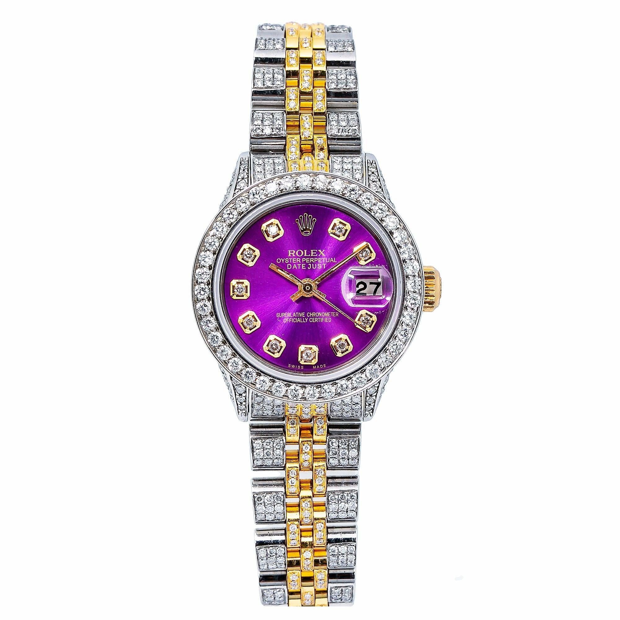 Rolex Datejust 26MM 6917 Purple Diamond Dial Diamond Bezel Two Tone Full Diamond Jubilee Bracelet