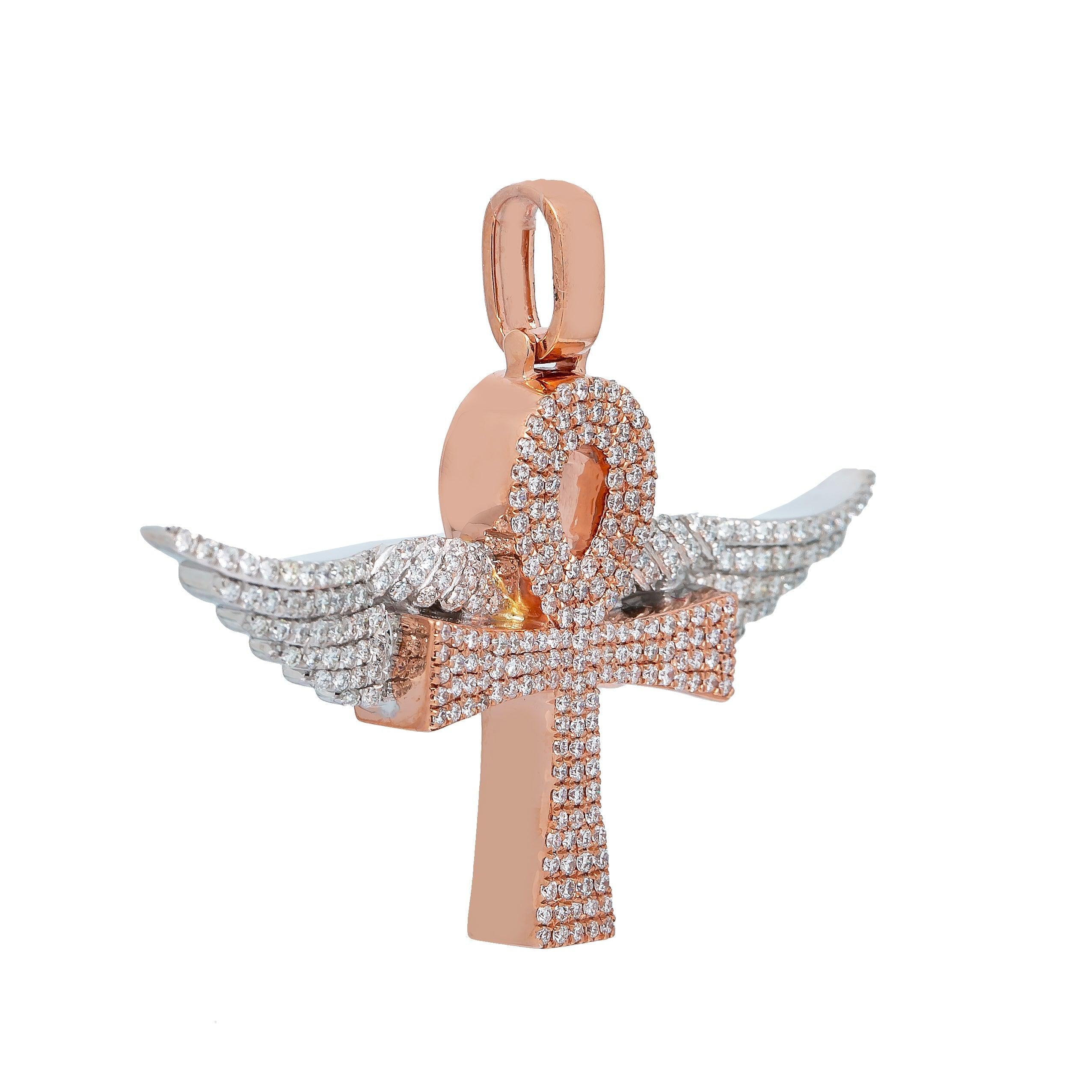 14K GOLD TWO-TONE DIAMOND ANKH WITH WINGS PENDANT 2.00 CT