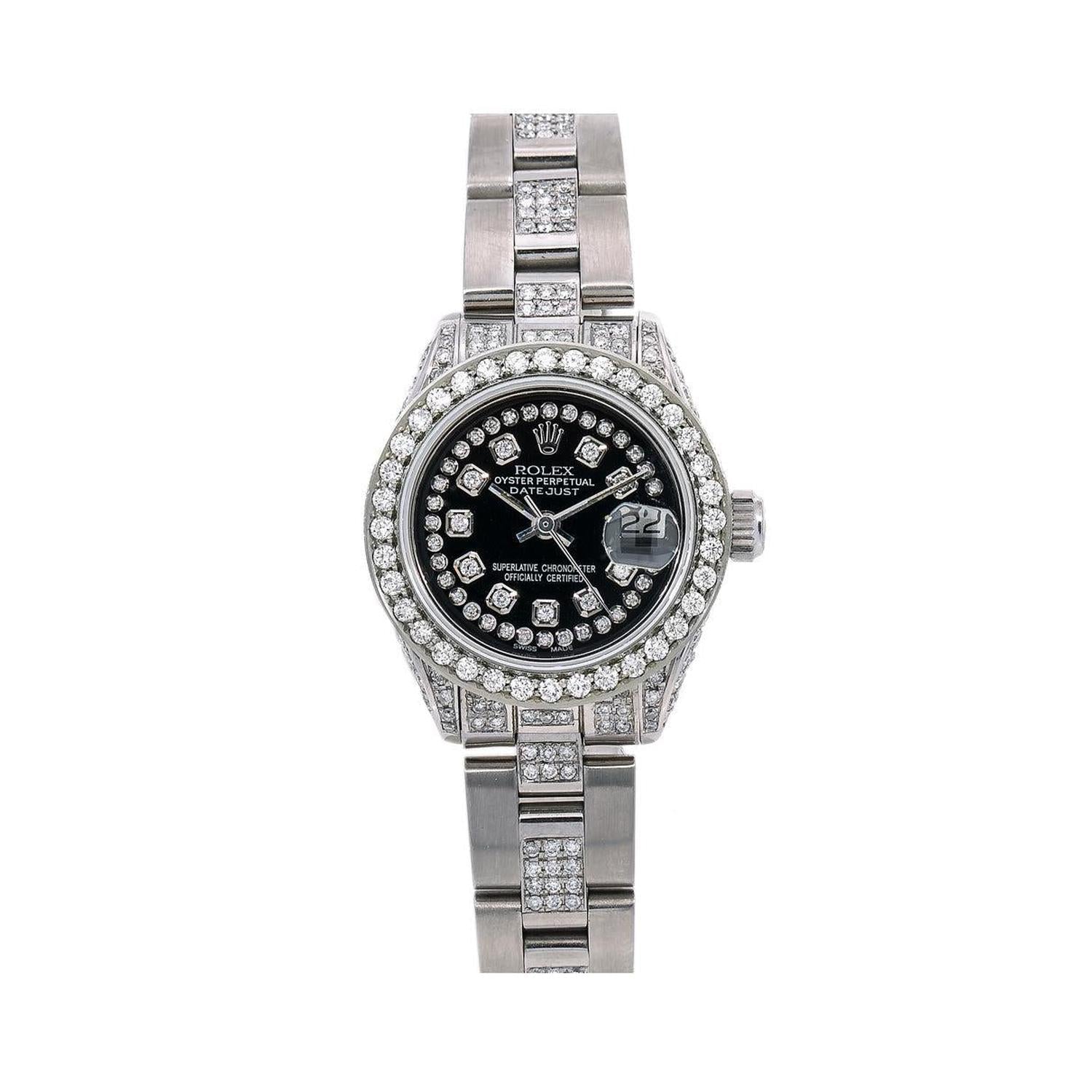Rolex Datejust 26MM 6916 Black Roman Dial Diamond Bezel Stainless Steel Semi Diamond Oyster Bracelet 3.75ct