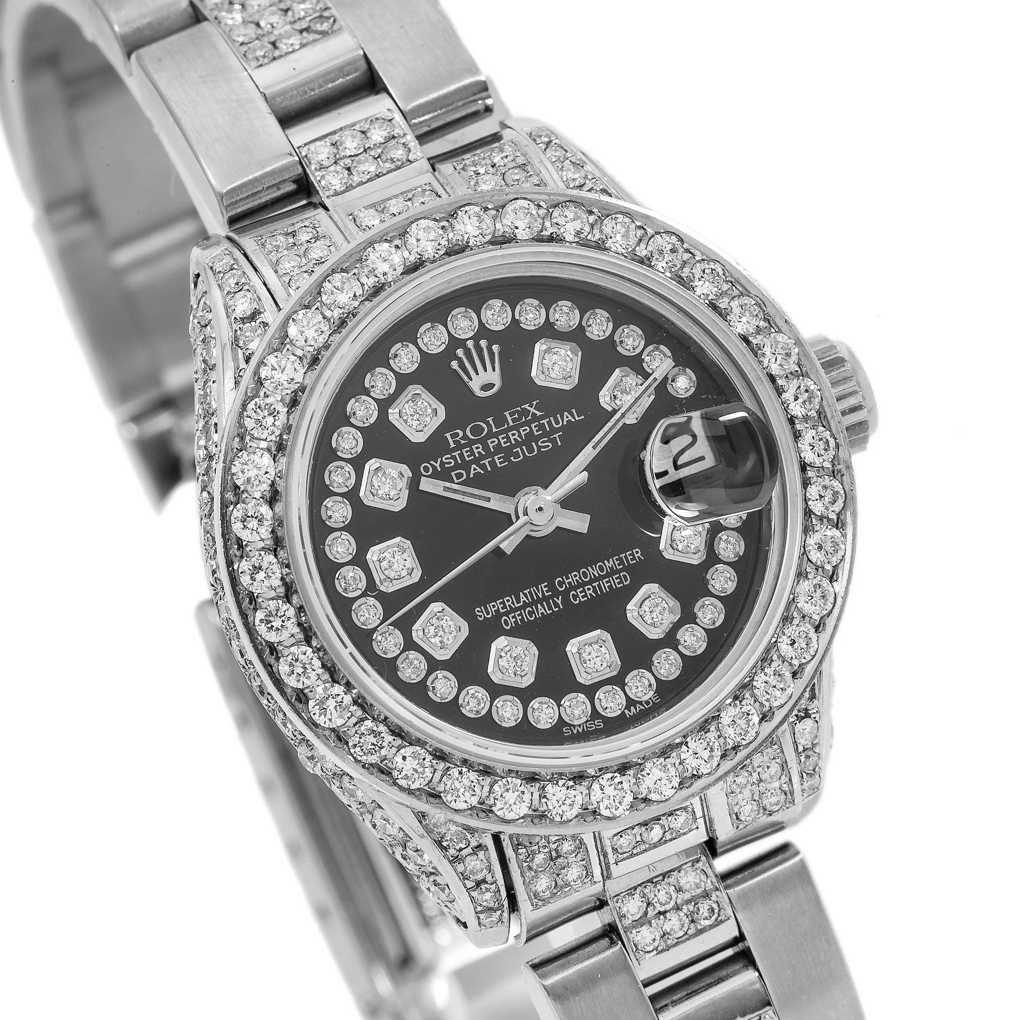 Rolex Datejust 26MM 6916 Black Roman Dial Diamond Bezel Stainless Steel Semi Diamond Oyster Bracelet 3.75ct