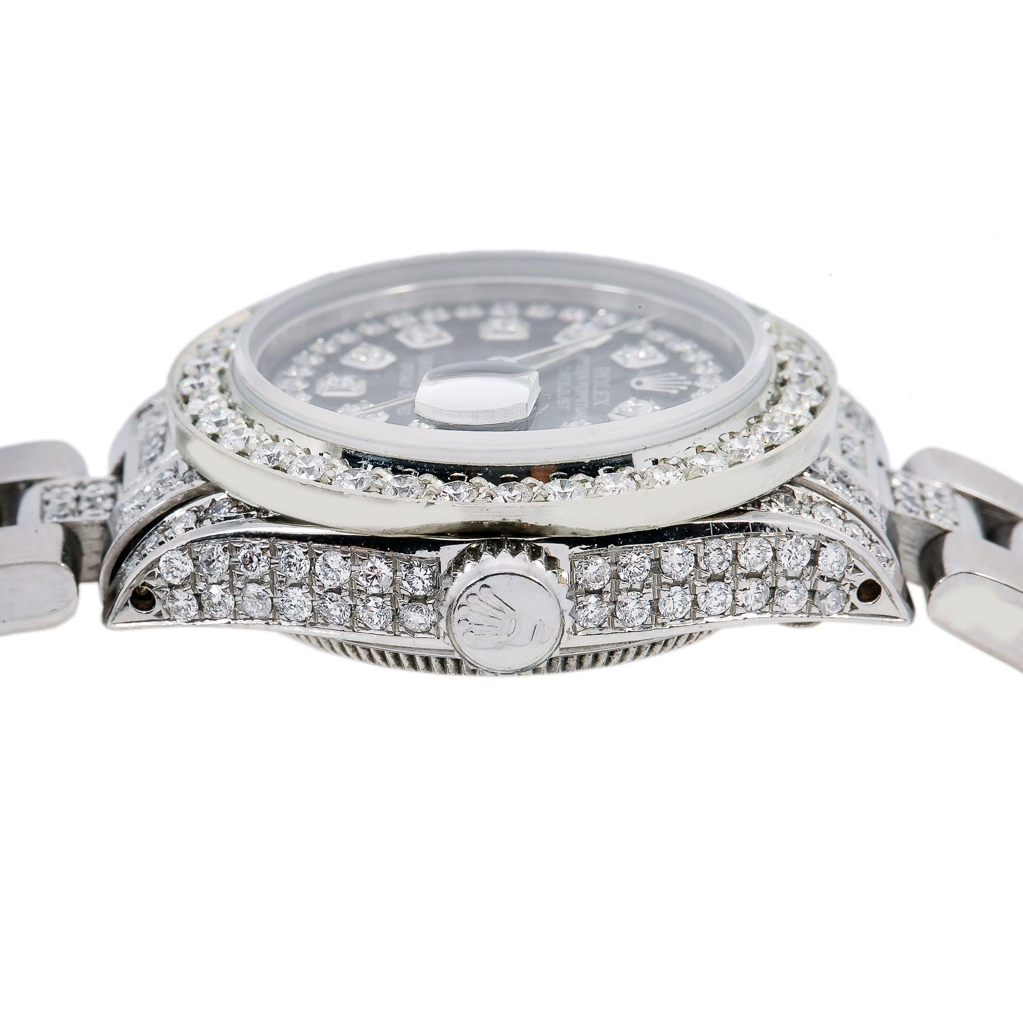 Rolex Datejust 26MM 6916 Black Roman Dial Diamond Bezel Stainless Steel Semi Diamond Oyster Bracelet 3.75ct