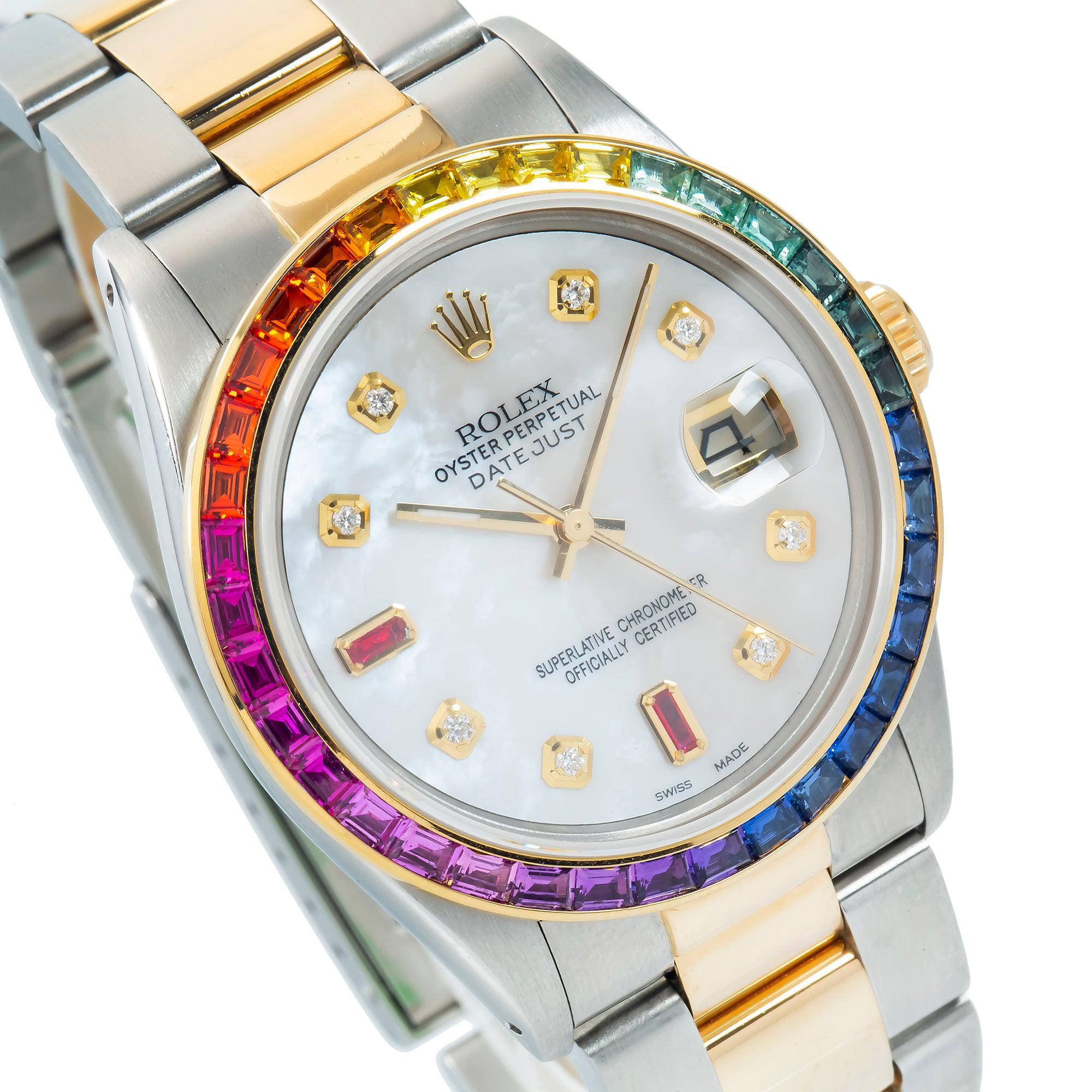 Rolex Datejust 36MM Mother Of Pearl Diamond And Ruby Dial With Rainbow Bezel