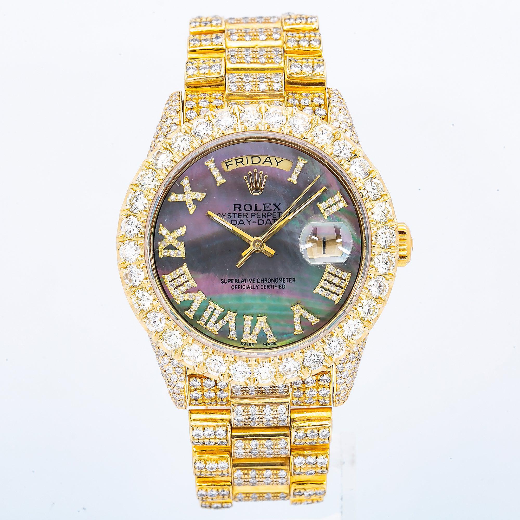 Rolex Day-Date 36MM 18038 Black Mother of Pearl Roman Dial Diamond Bezel 18K Yellow Gold Full Diamond President Bracelet 16.75ct
