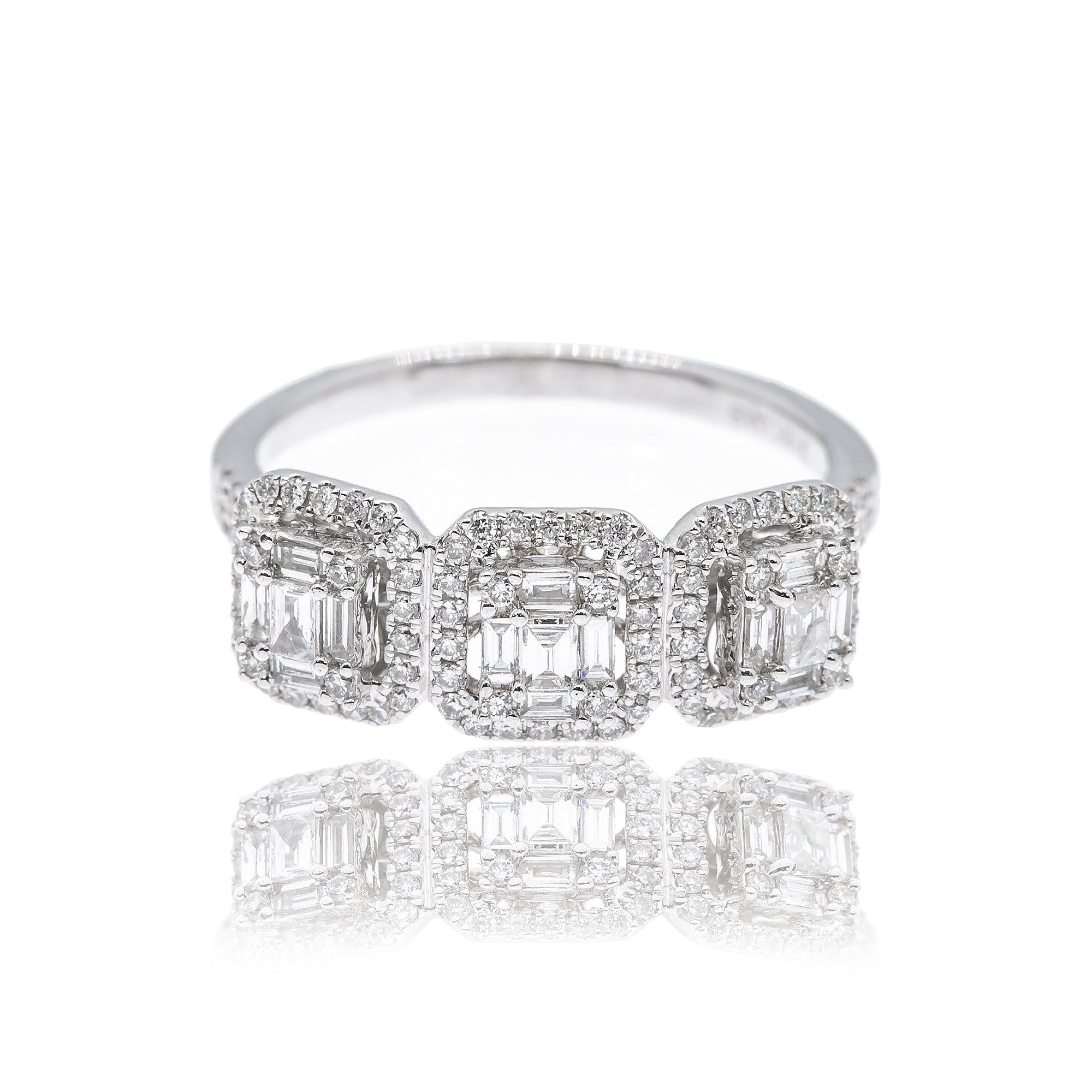 18K White Gold Triple Baguette ring with 0.65 CT Diamonds