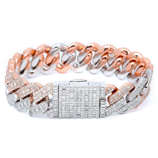 14K WHITE/ROSE GOLD 8.5 INCHES CUBAN BRACELET BAGUETTE DIAMONDS
