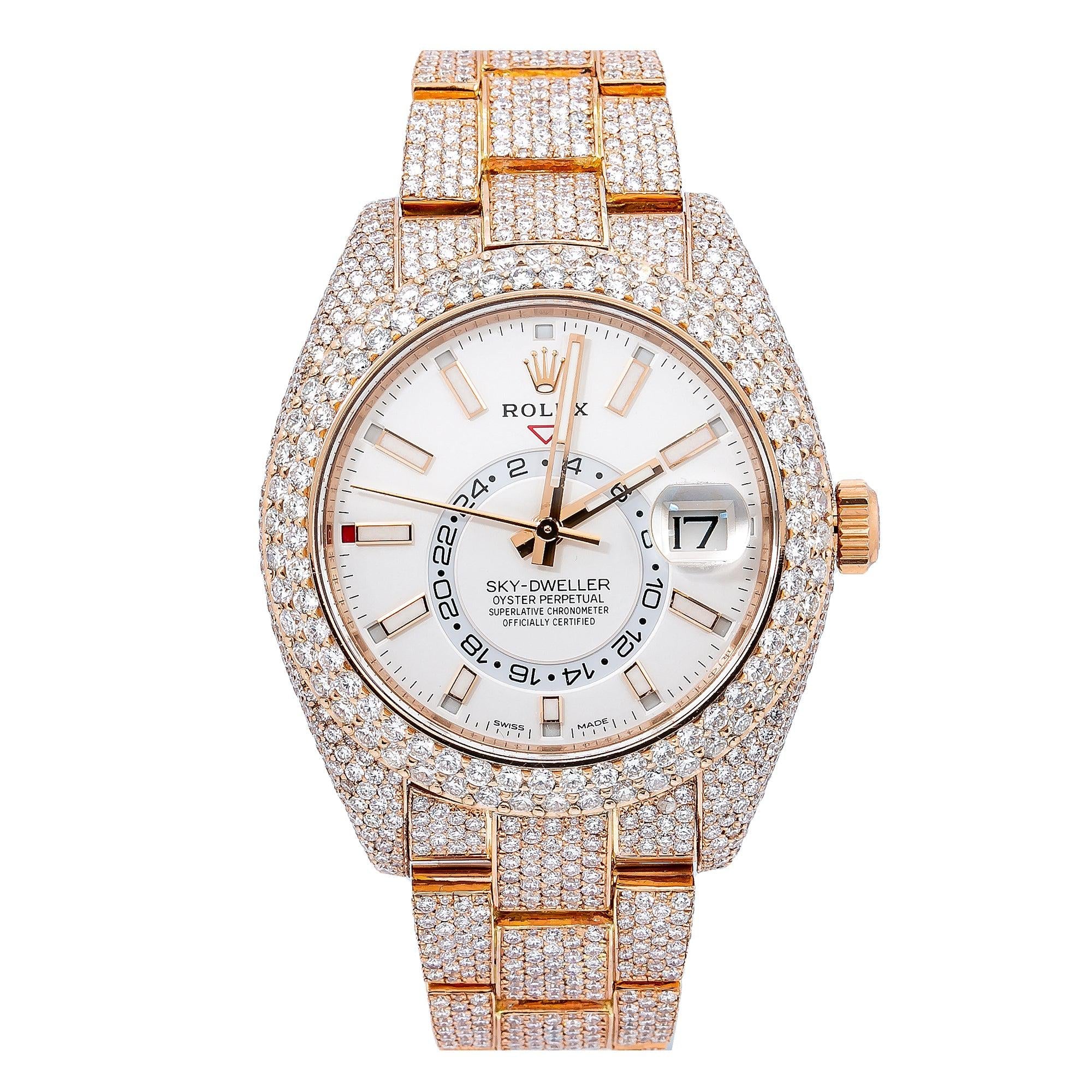 Rolex Sky-Dweller 42MM 326935 Silver Dial Diamond Bezel Rose Gold Full Diamond Oyster Bracelet 25.75ct