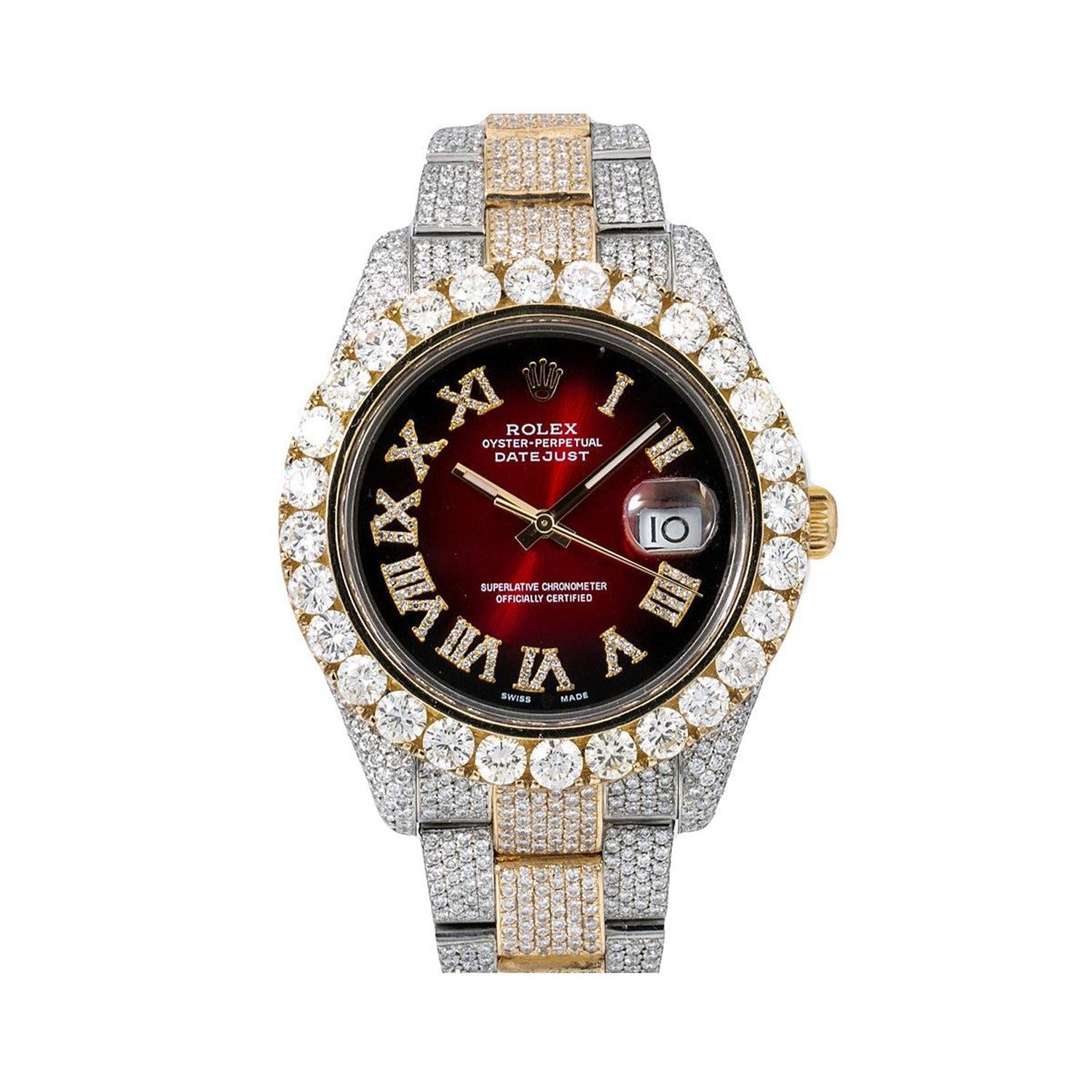 Rolex Datejust II 41MM 116333 Red Roman Dial Diamond Bezel Two Tone Full Diamond Oyster Bracelet 25.75ct