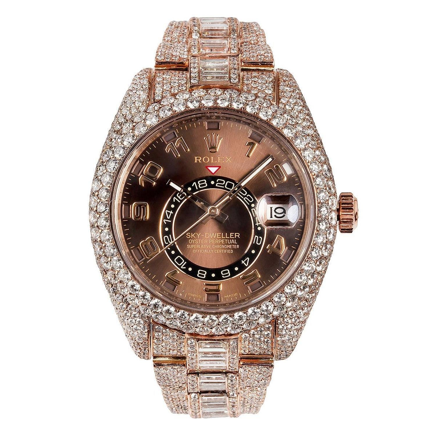 Rolex Sky-Dweller 42MM 326935 Chocolate Dial Diamond Bezel Rose Gold Full Diamond Oyster Bracelet 28.75ct