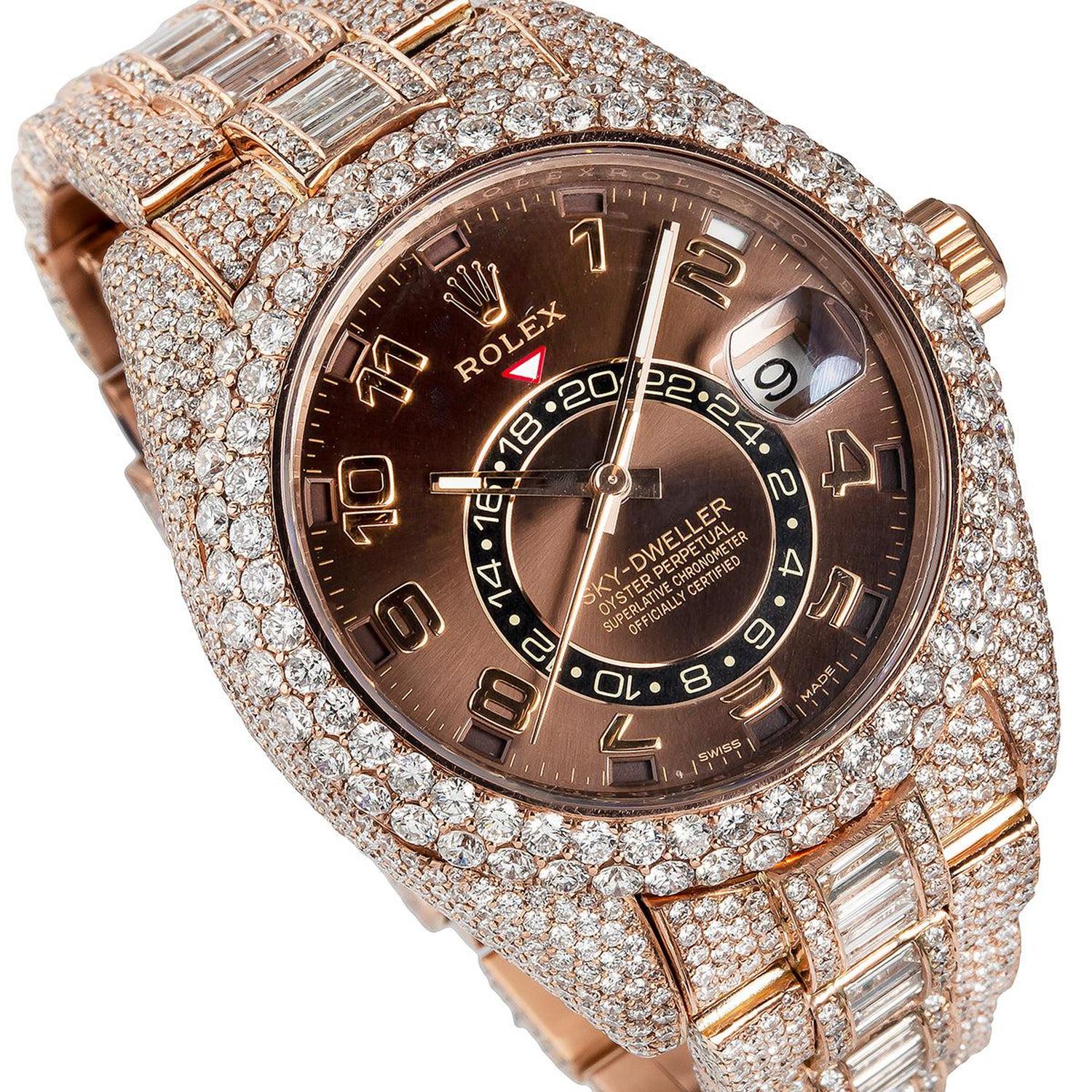 Rolex Sky-Dweller 42MM 326935 Chocolate Dial Diamond Bezel Rose Gold Full Diamond Oyster Bracelet 28.75ct