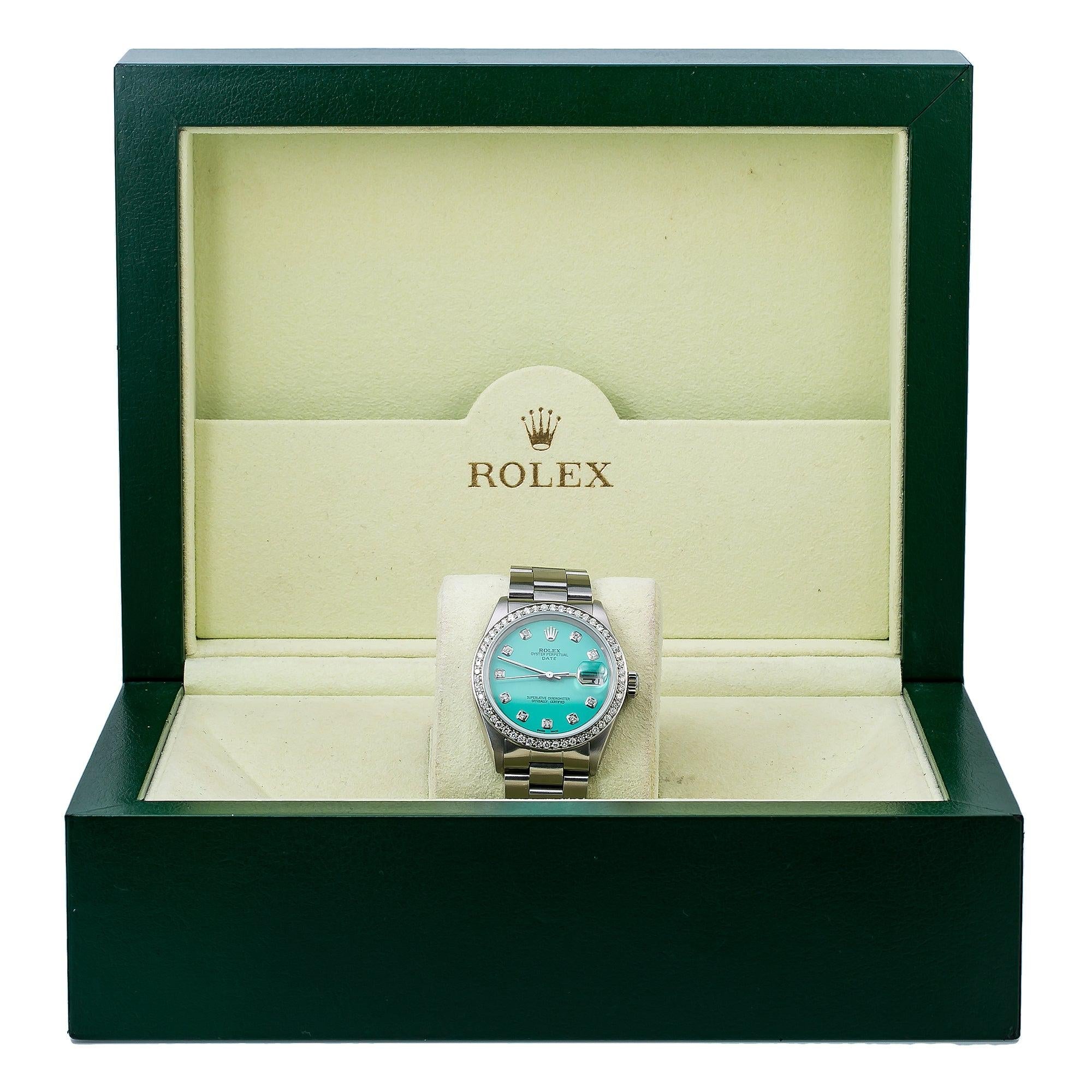Rolex Oyster Perpetual Date 1500 34MM Turquoise Diamond Dial With Stainless Steel Oyster Bracelet