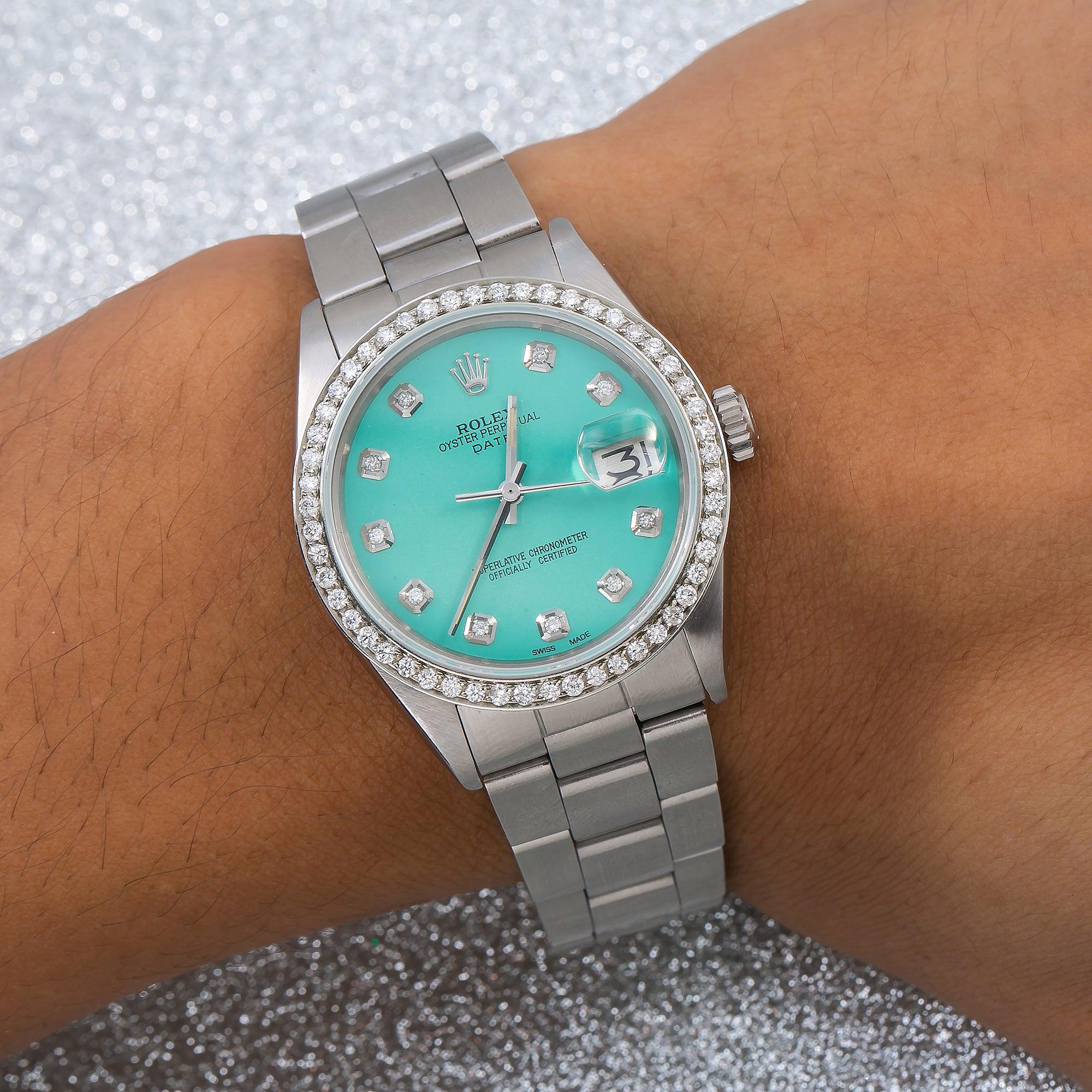 Rolex Oyster Perpetual Date 1500 34MM Turquoise Diamond Dial With Stainless Steel Oyster Bracelet