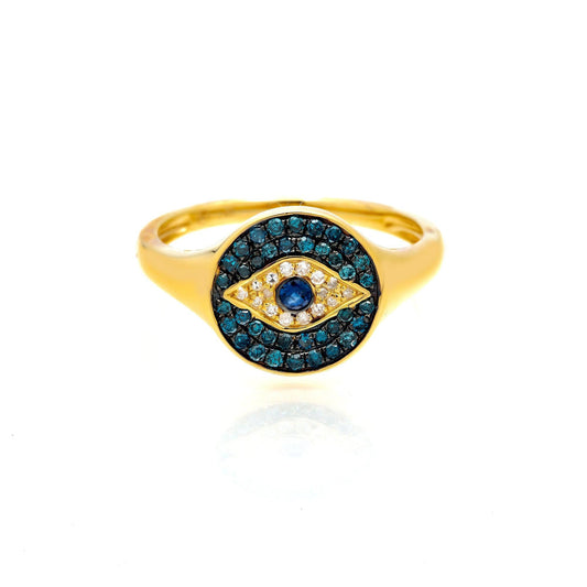 14K GOLD DIAMOND EVIL EYE RING WITH BLUE SAPPHIRE 0.30 CT