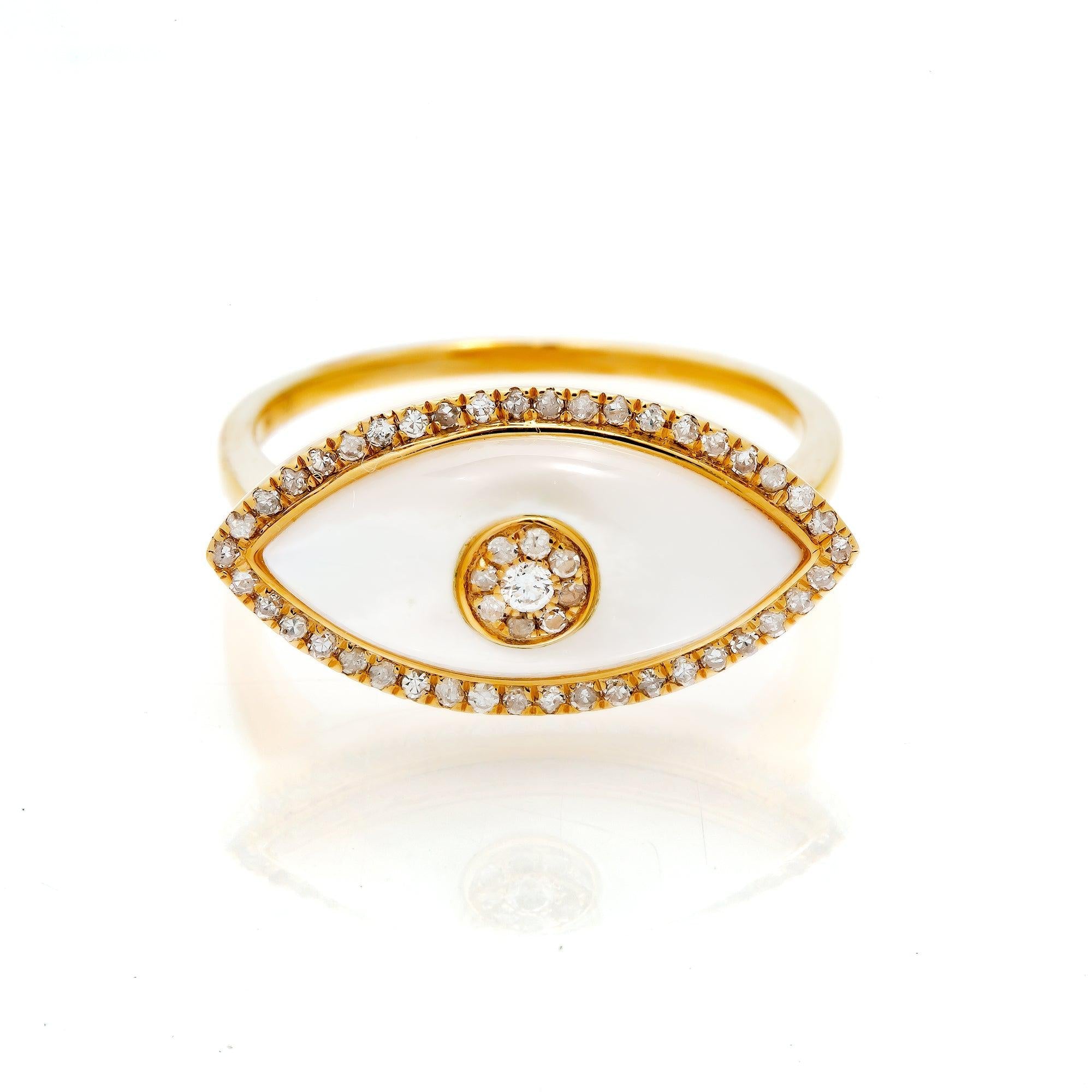 14K GOLD DIAMOND EVIL EYE RING WITH MOTHER OF PEARL 0.20 CT
