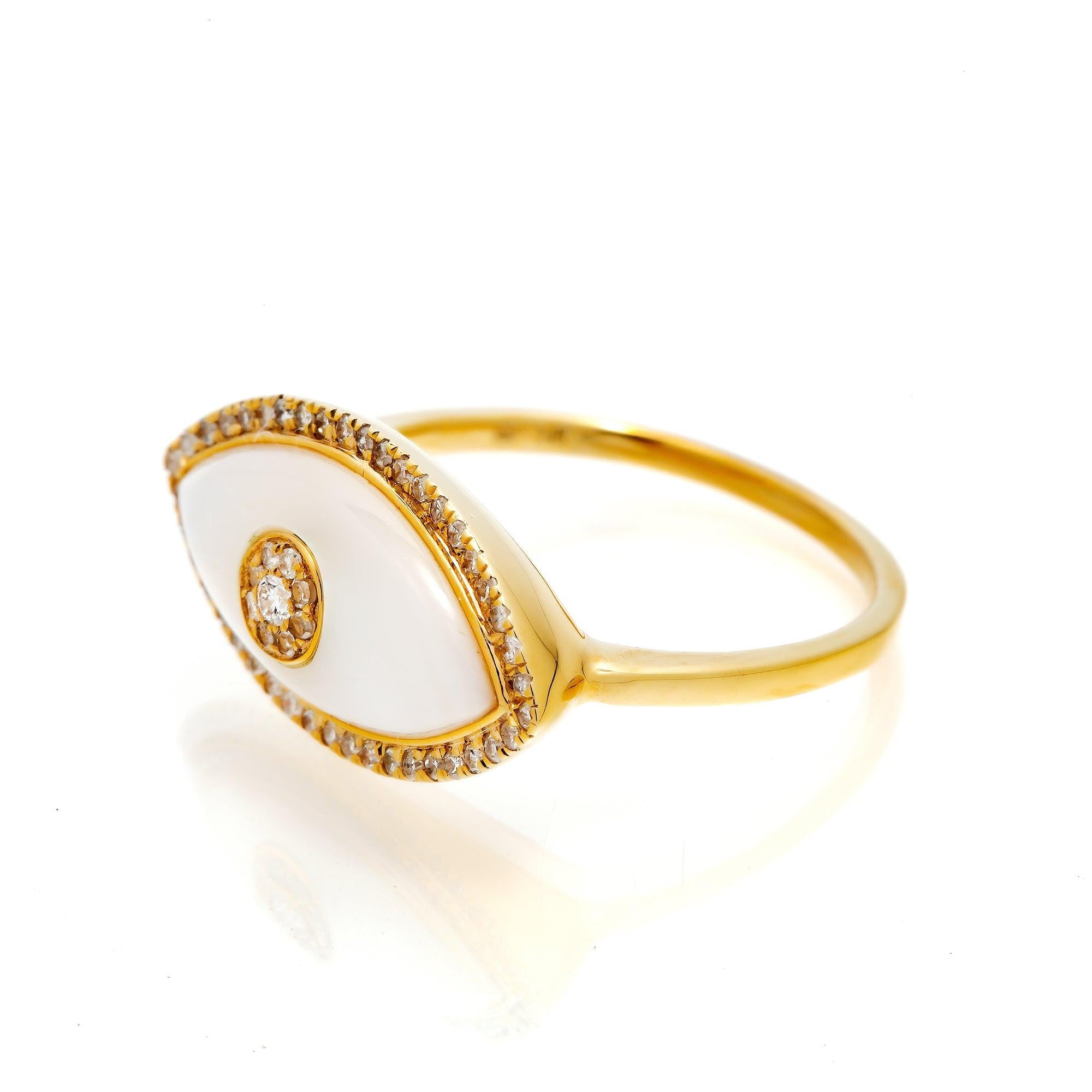 14K GOLD DIAMOND EVIL EYE RING WITH MOTHER OF PEARL 0.20 CT