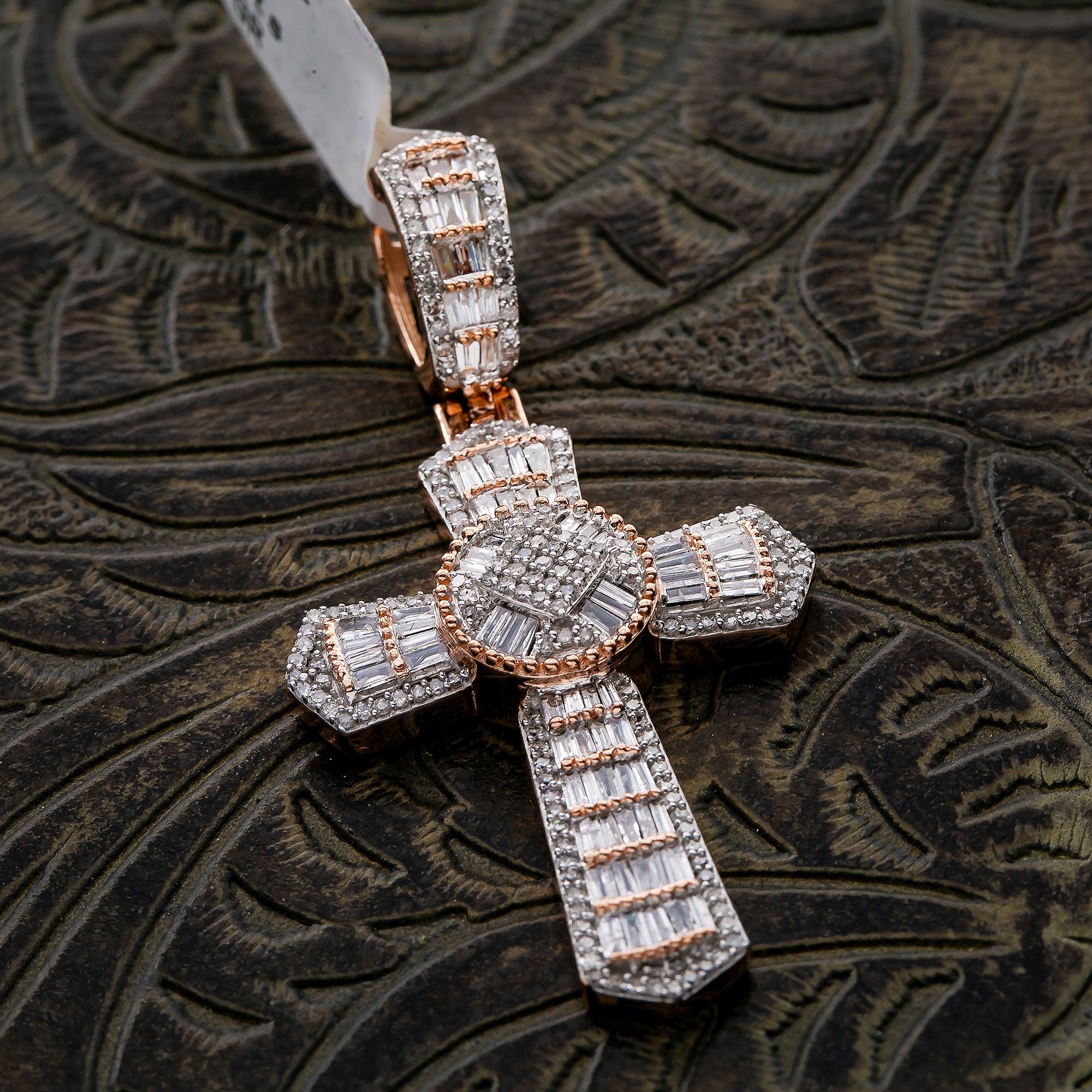 Unisex 14K Rose Gold Cross Pendant with 1.23 CT  Diamonds