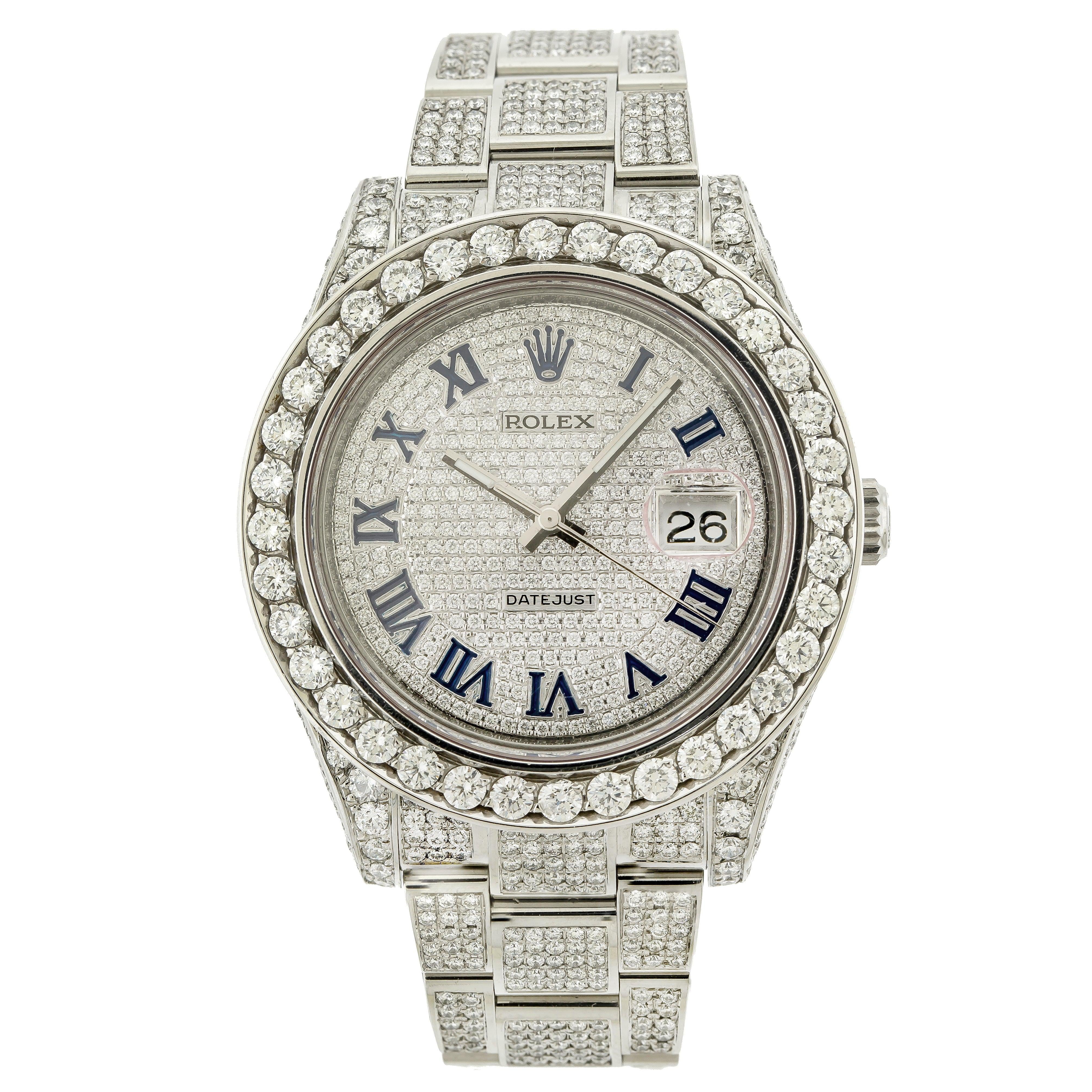 Rolex Datejust 41MM 116300 Diamond Paved Roman Dial Diamond Bezel Full Diamond Oyster Bracelet 15ct