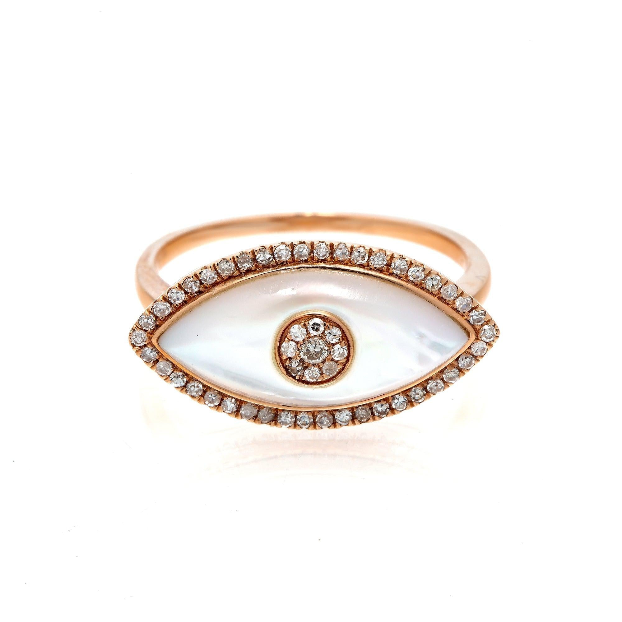 14K GOLD DIAMOND EVIL EYE RING WITH MOTHER OF PEARL 0.20 CT