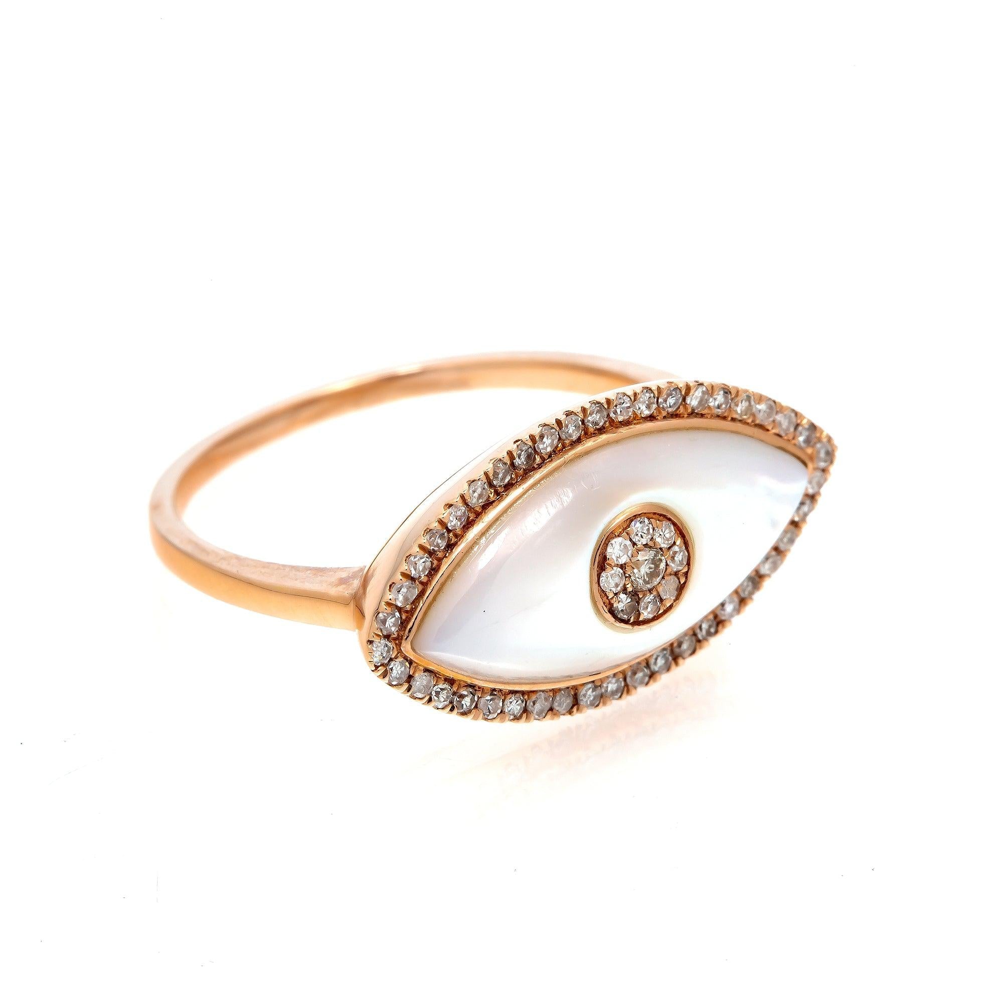 14K GOLD DIAMOND EVIL EYE RING WITH MOTHER OF PEARL 0.20 CT
