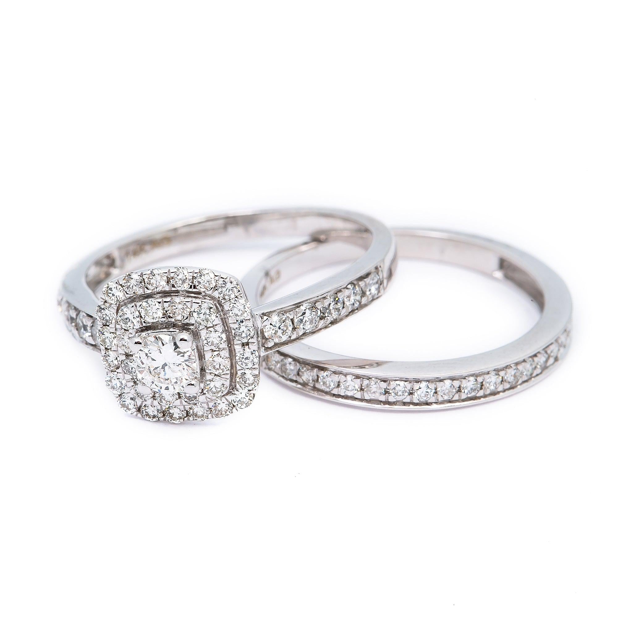 14K WHITE GOLD DOUBLE HALO ENGAGEMENT RING SET WITH 1.0 CT DIAMONDS