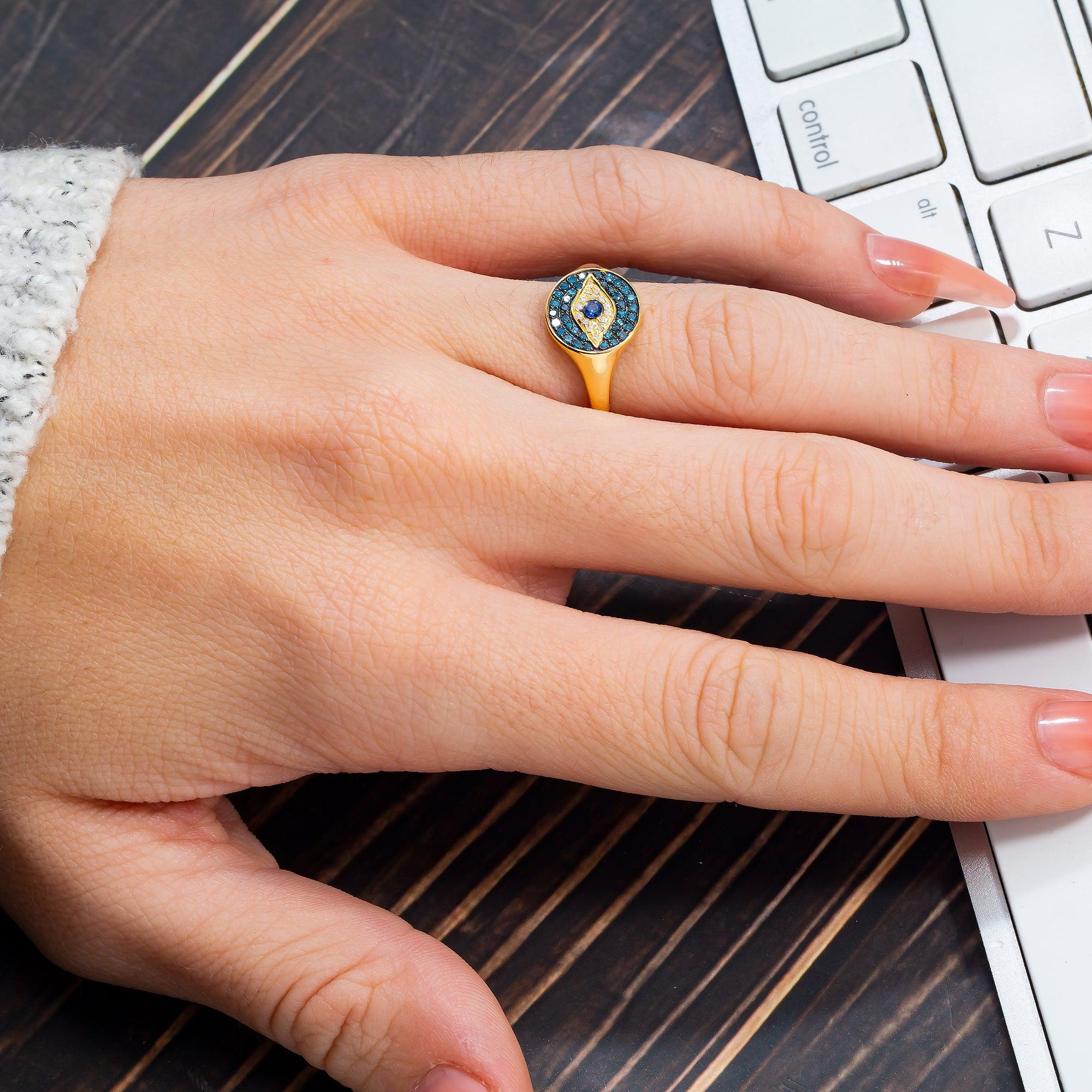 14K GOLD DIAMOND EVIL EYE RING WITH BLUE SAPPHIRE 0.30 CT