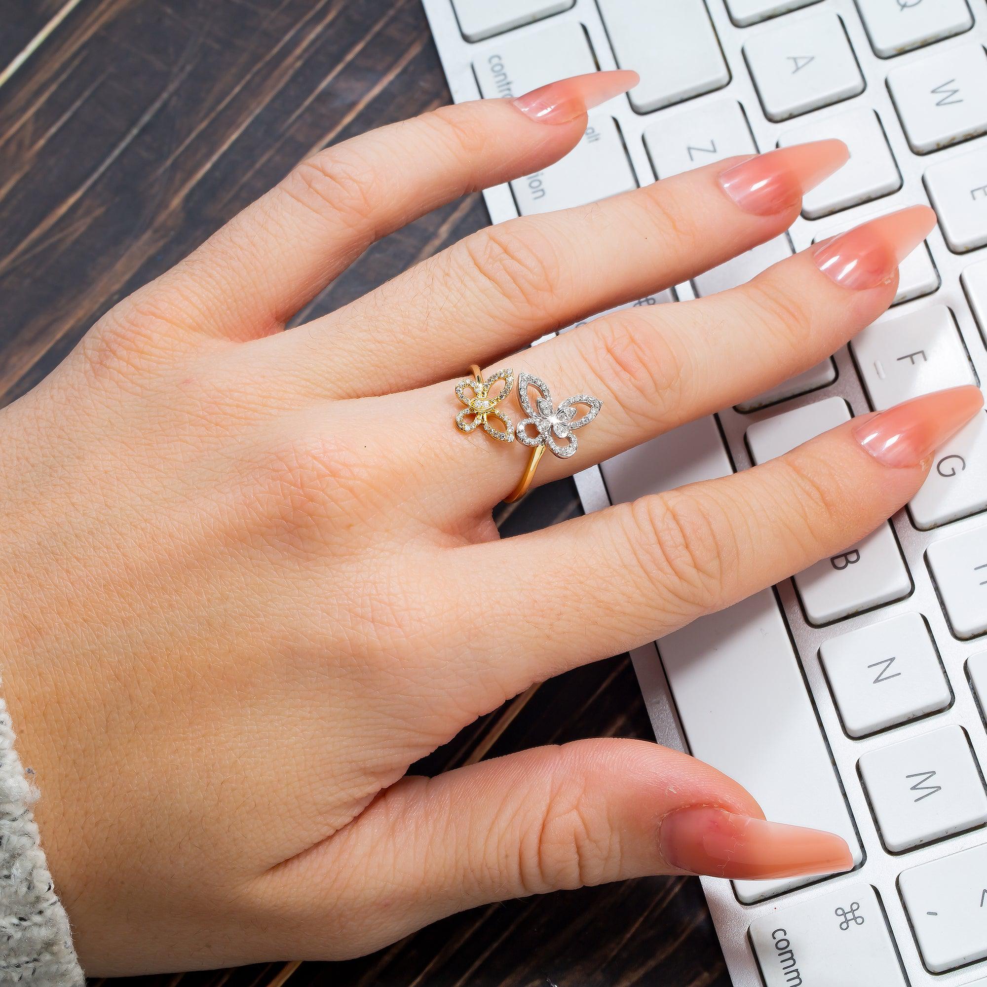 14K GOLD DIAMOND TWO TONE OPEN BUTTERFLY RING 0.30 CT