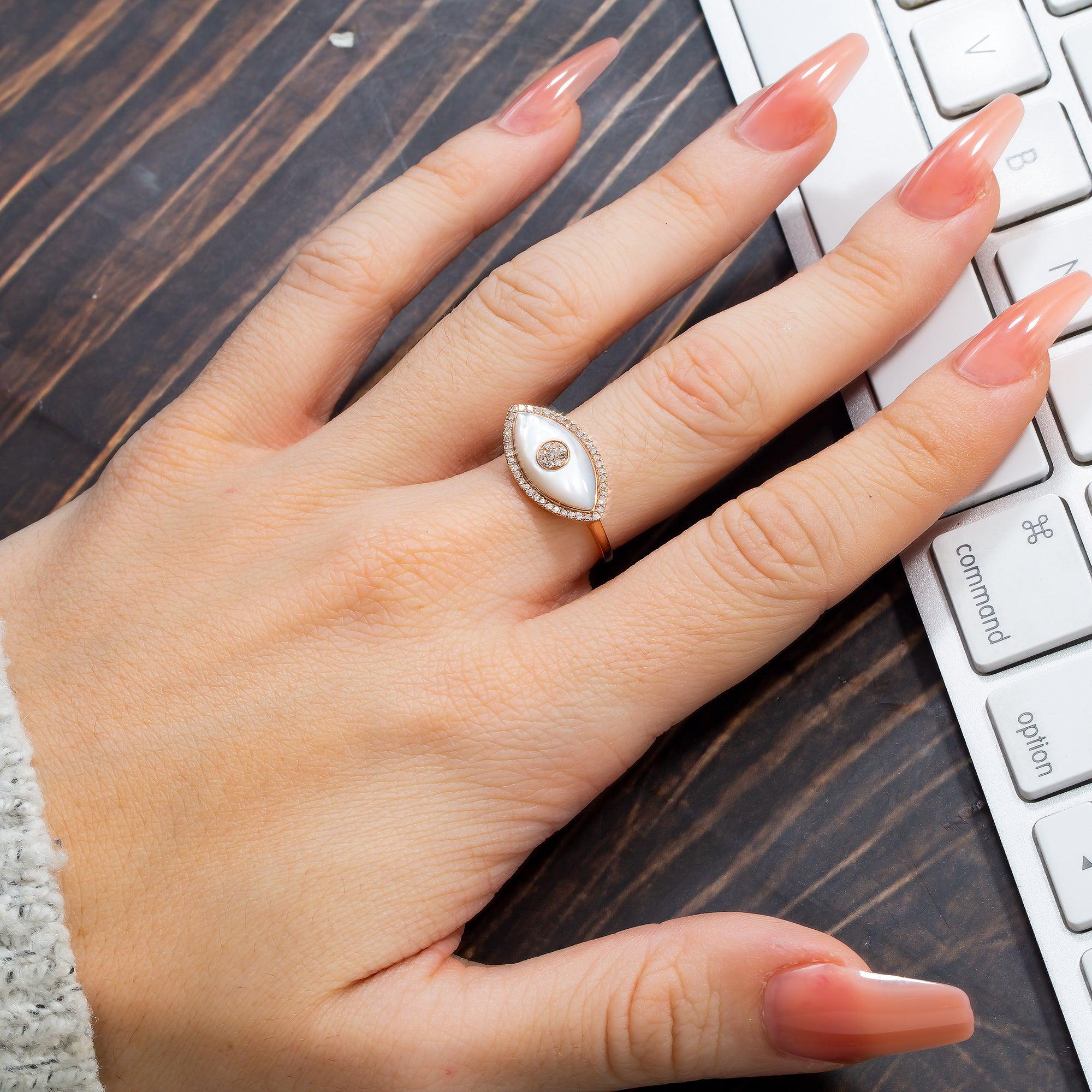 14K GOLD DIAMOND EVIL EYE RING WITH MOTHER OF PEARL 0.20 CT