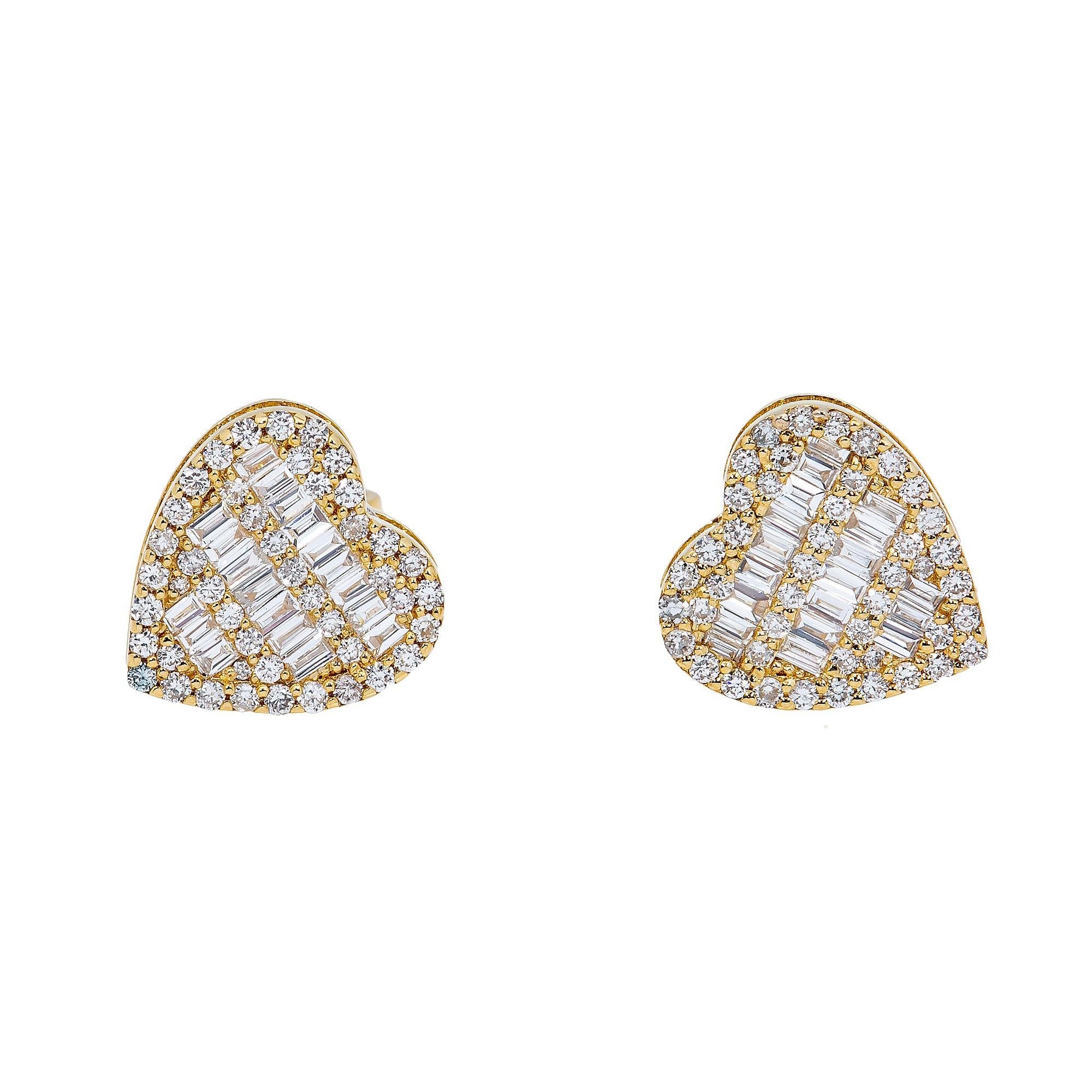 14K Yellow Gold Ladies Heart Shape Earrings with 0.84 Baguette CT Diamond