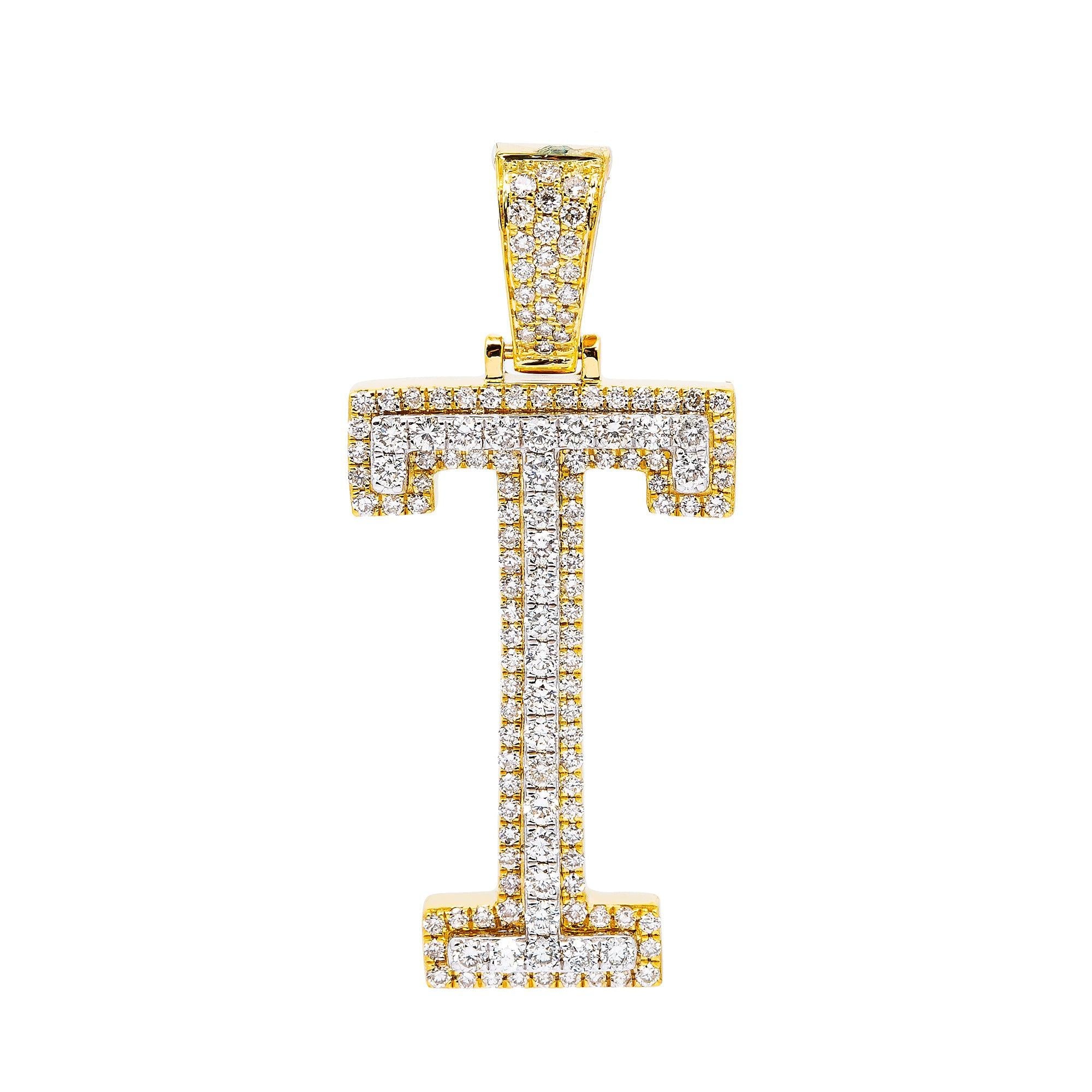 10K YELLOW GOLD UNISEX LETTER T  PENDANT WITH 1.25 CT DIAMONDS