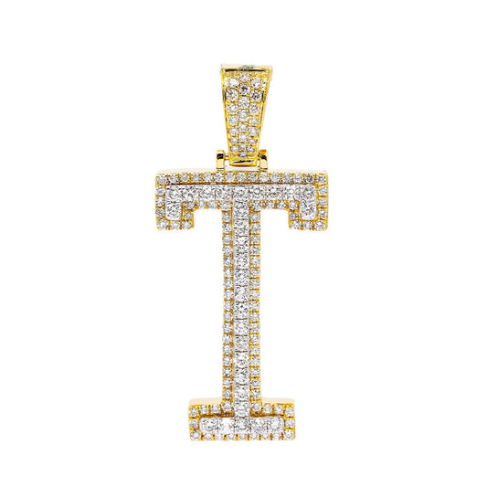 10K YELLOW GOLD UNISEX LETTER T  PENDANT WITH 1.25 CT DIAMONDS