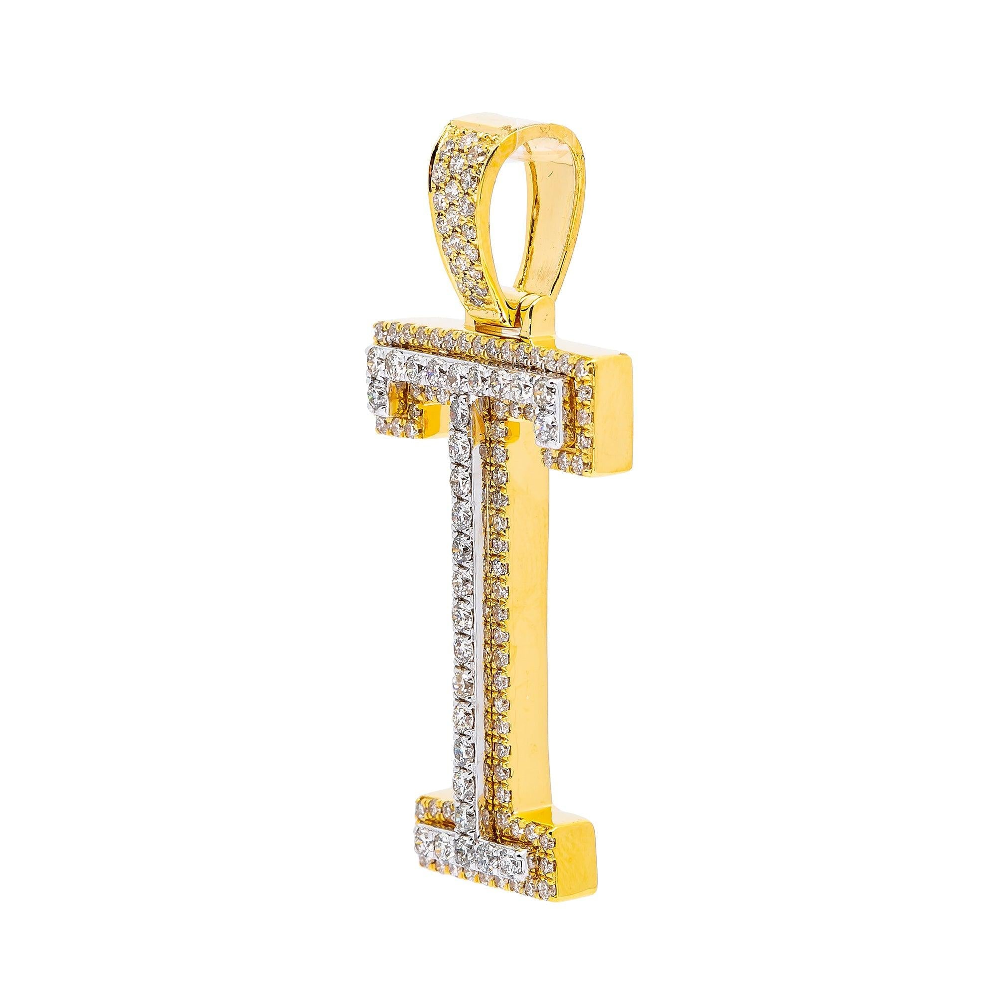 10K YELLOW GOLD UNISEX LETTER T  PENDANT WITH 1.25 CT DIAMONDS